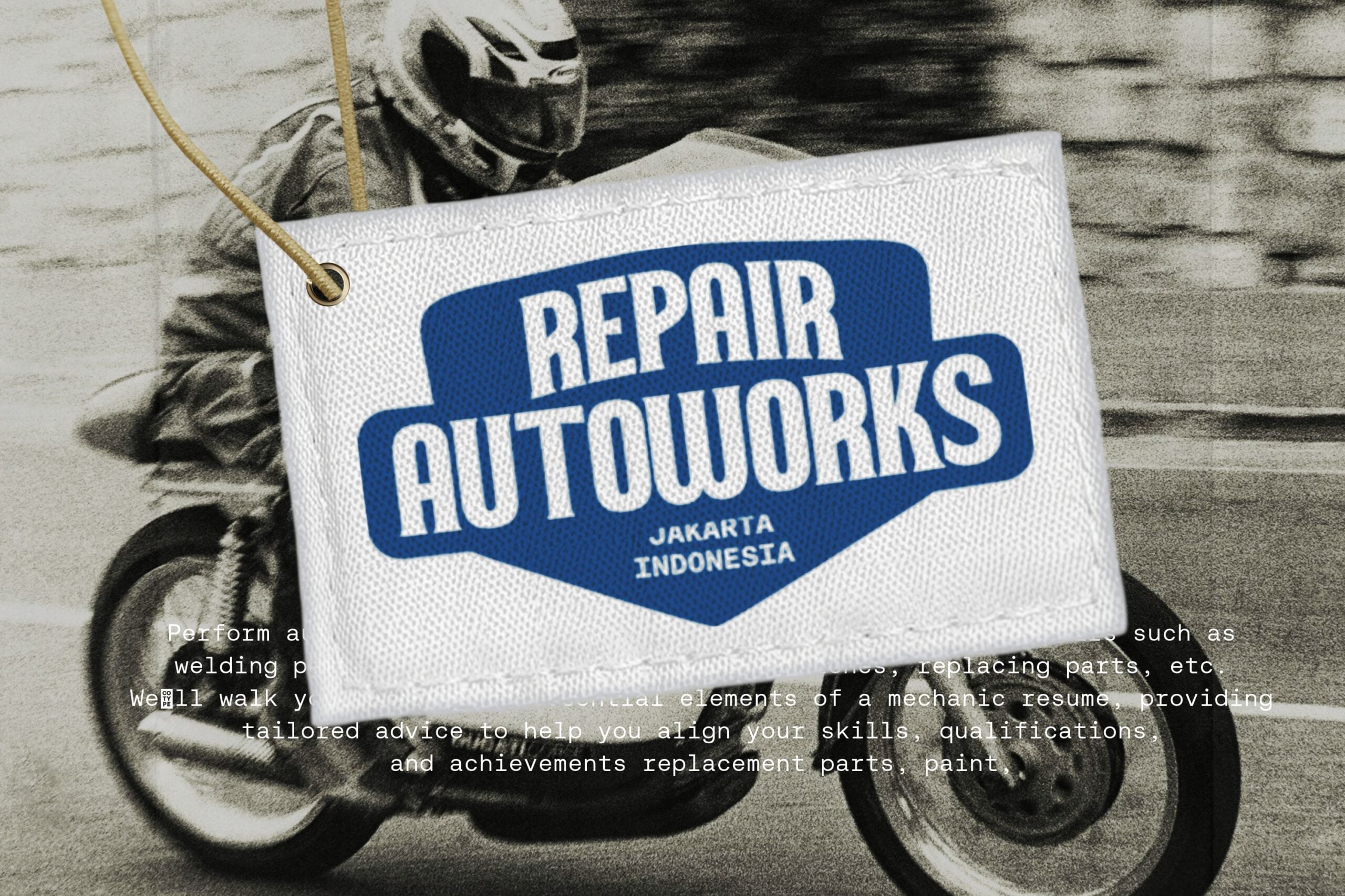 Repair Autoworks tag on vintage motorcycle photo showing Jakarta Indonesia branding