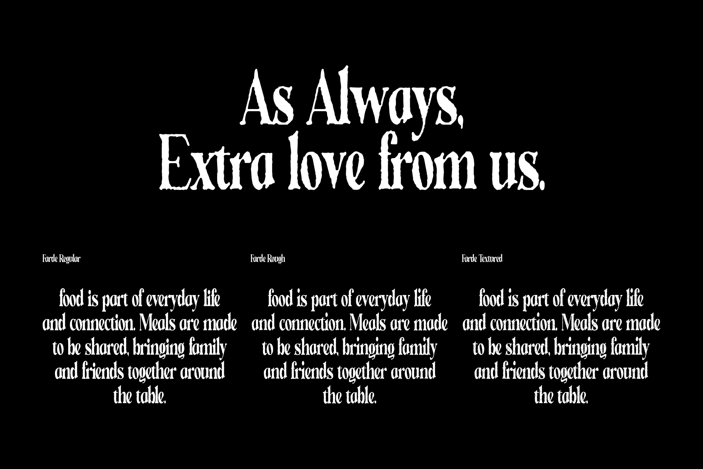 Farce font family showing three weight variants with restaurant themed sample text