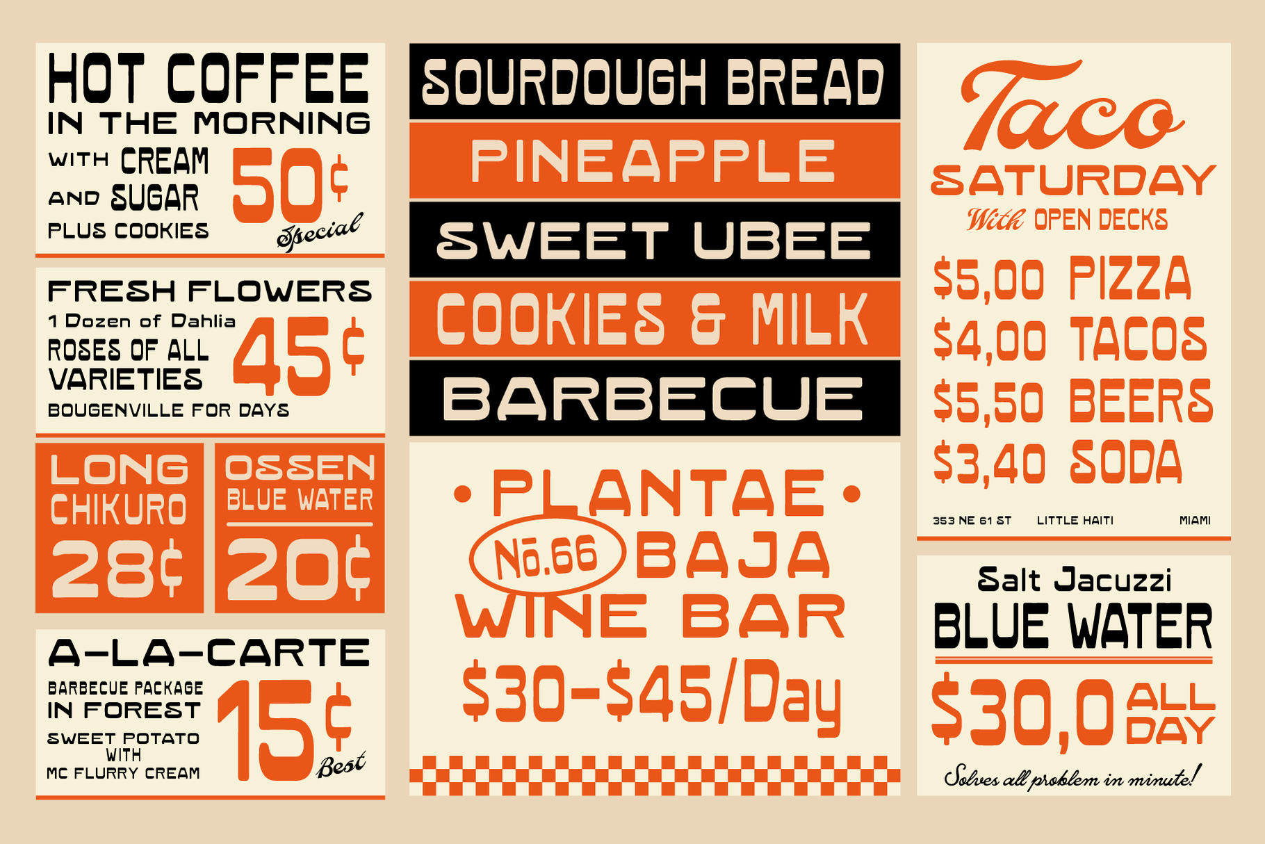 Vintage diner menu mockup with retro orange, black, cream design showing food specials