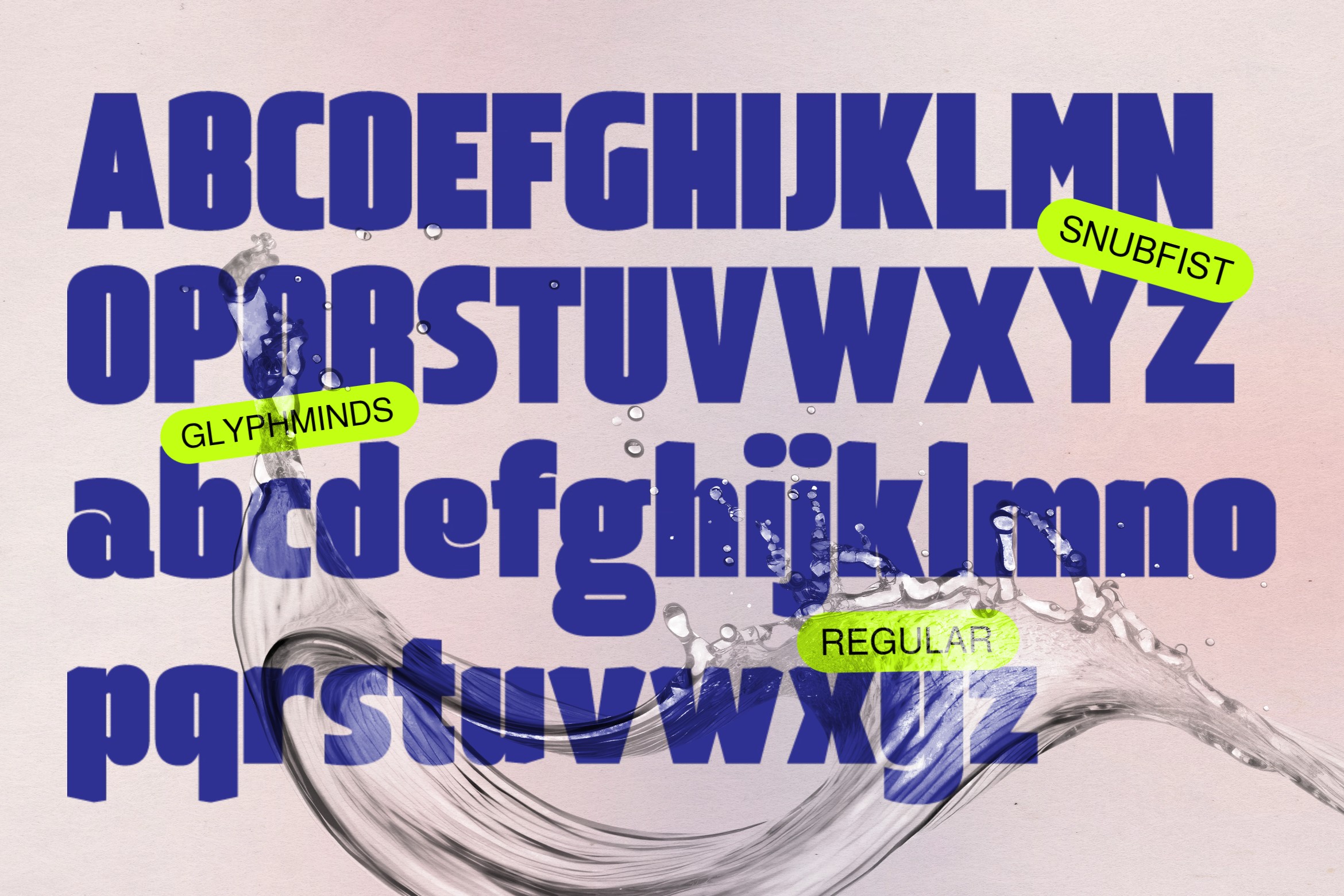 Display typeface alphabet with water splash artwork, multiple style variants