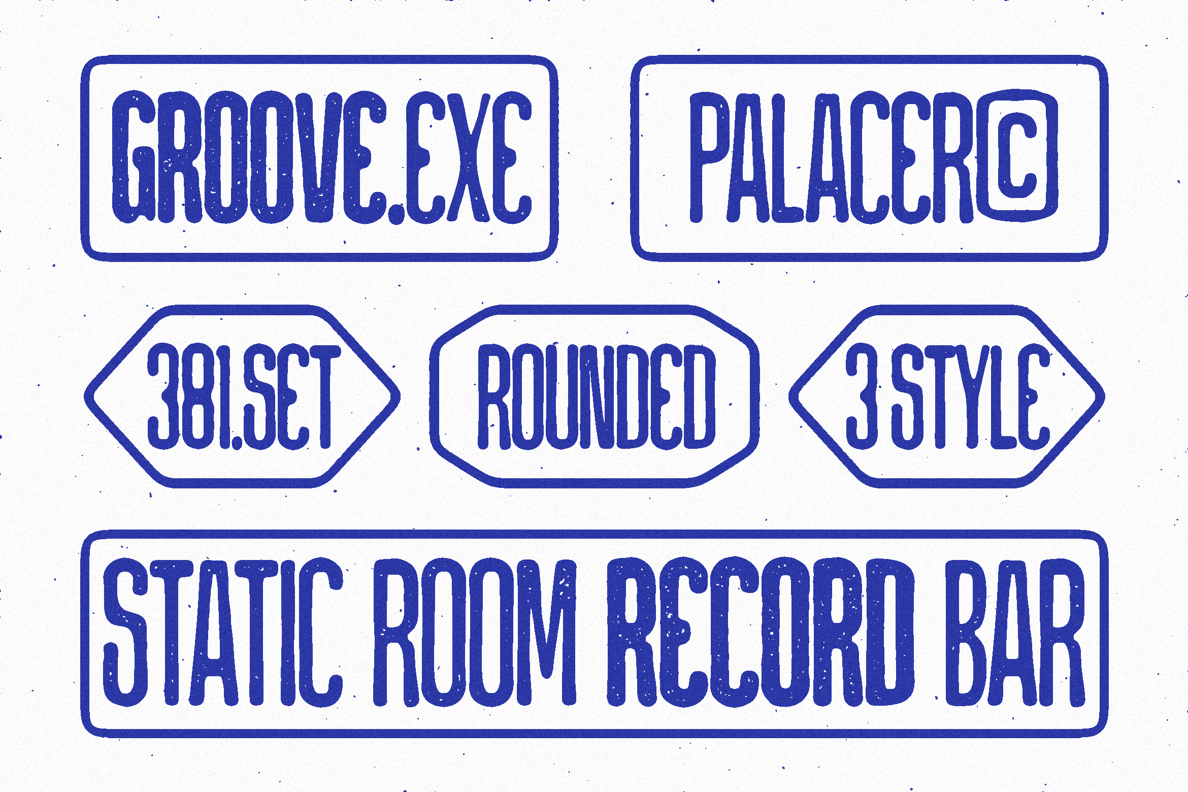 Retro badge shapes with font names: groove.exe, palacer, 38l.set, rounded, static room record bar