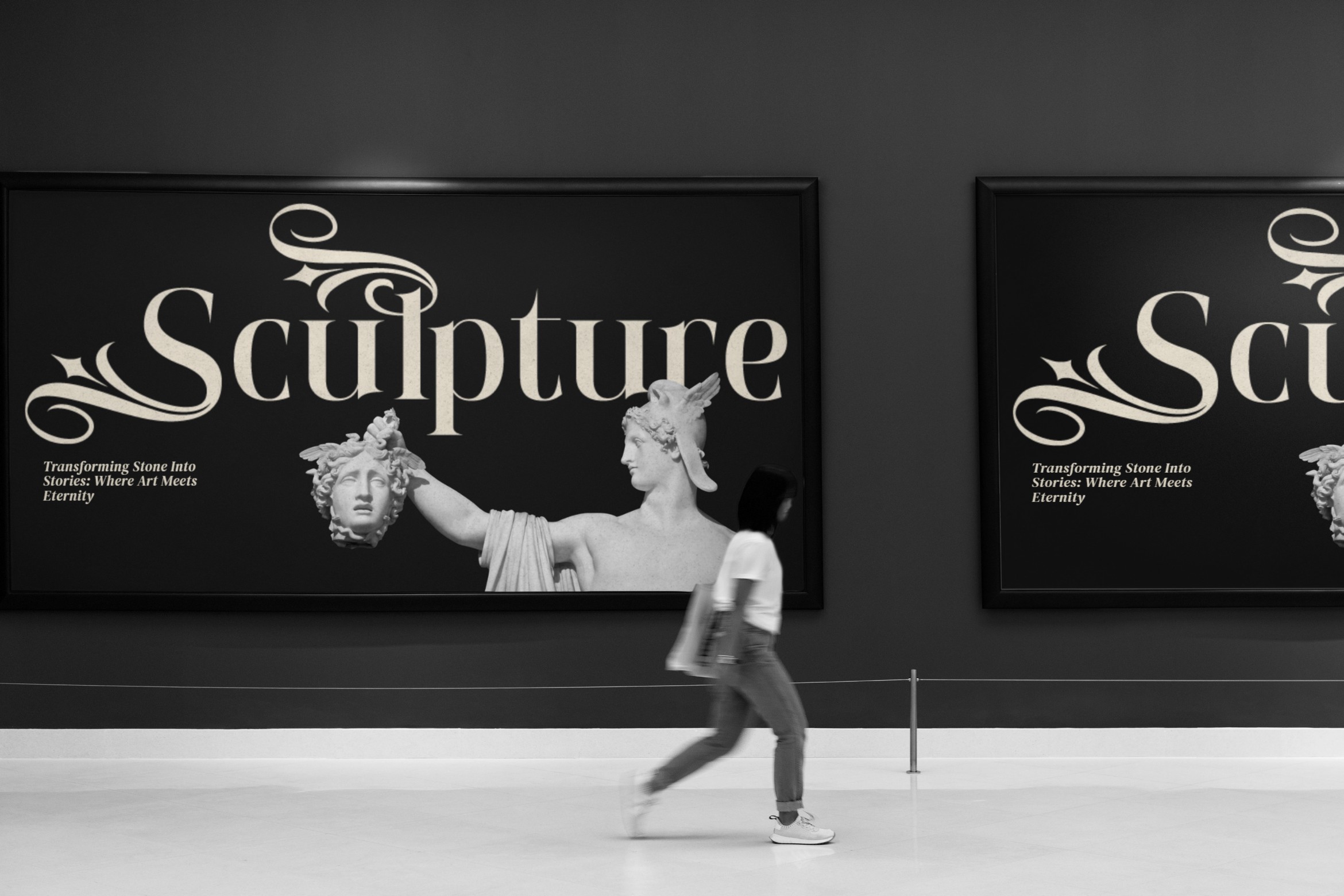 Museum billboard mockup with Sculpture text, classical statue imagery, person running past