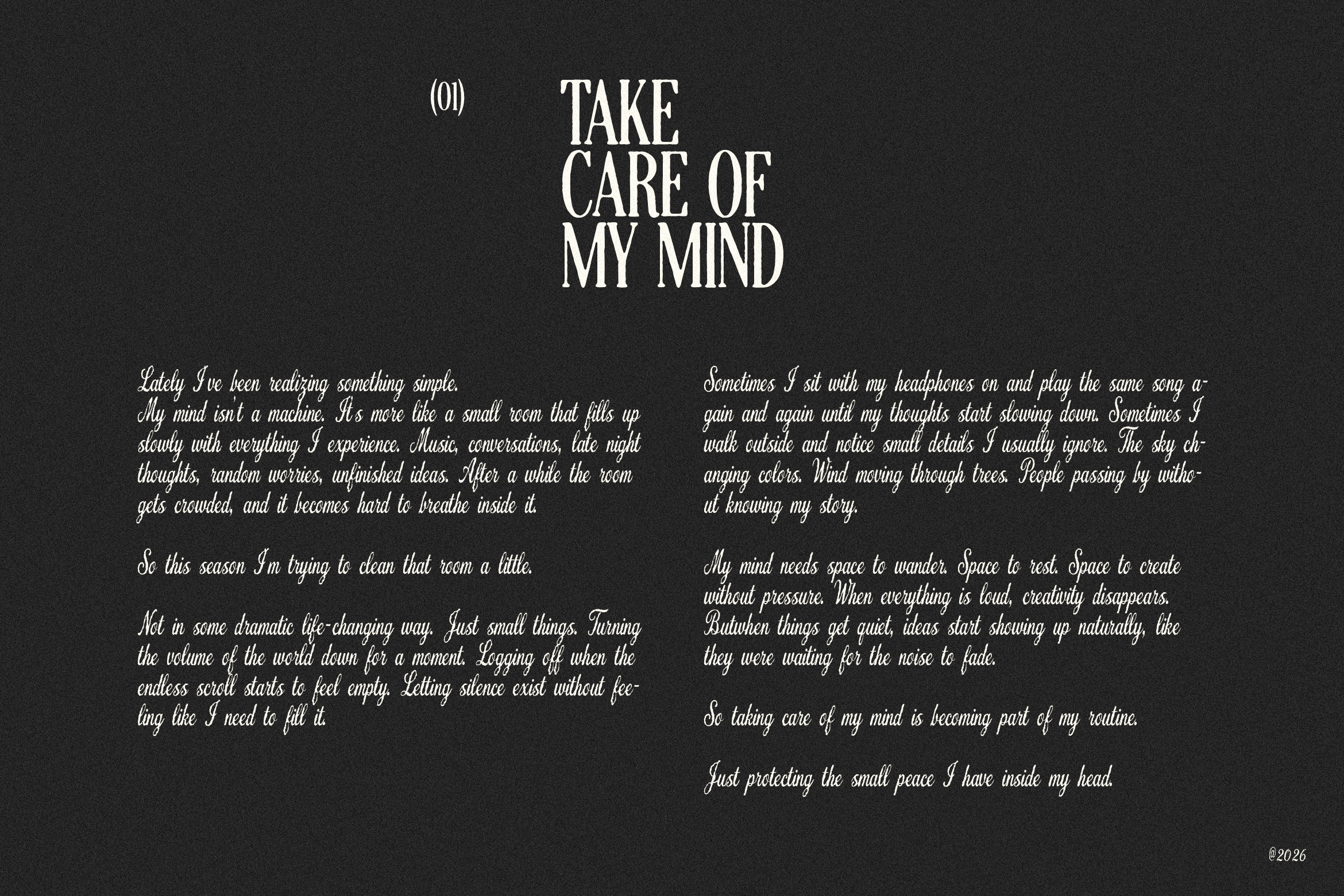 Minimalist typography graphic with text Take Care of My Mind. Black background with white serif and script fonts. Suitable for templates or graphic design.