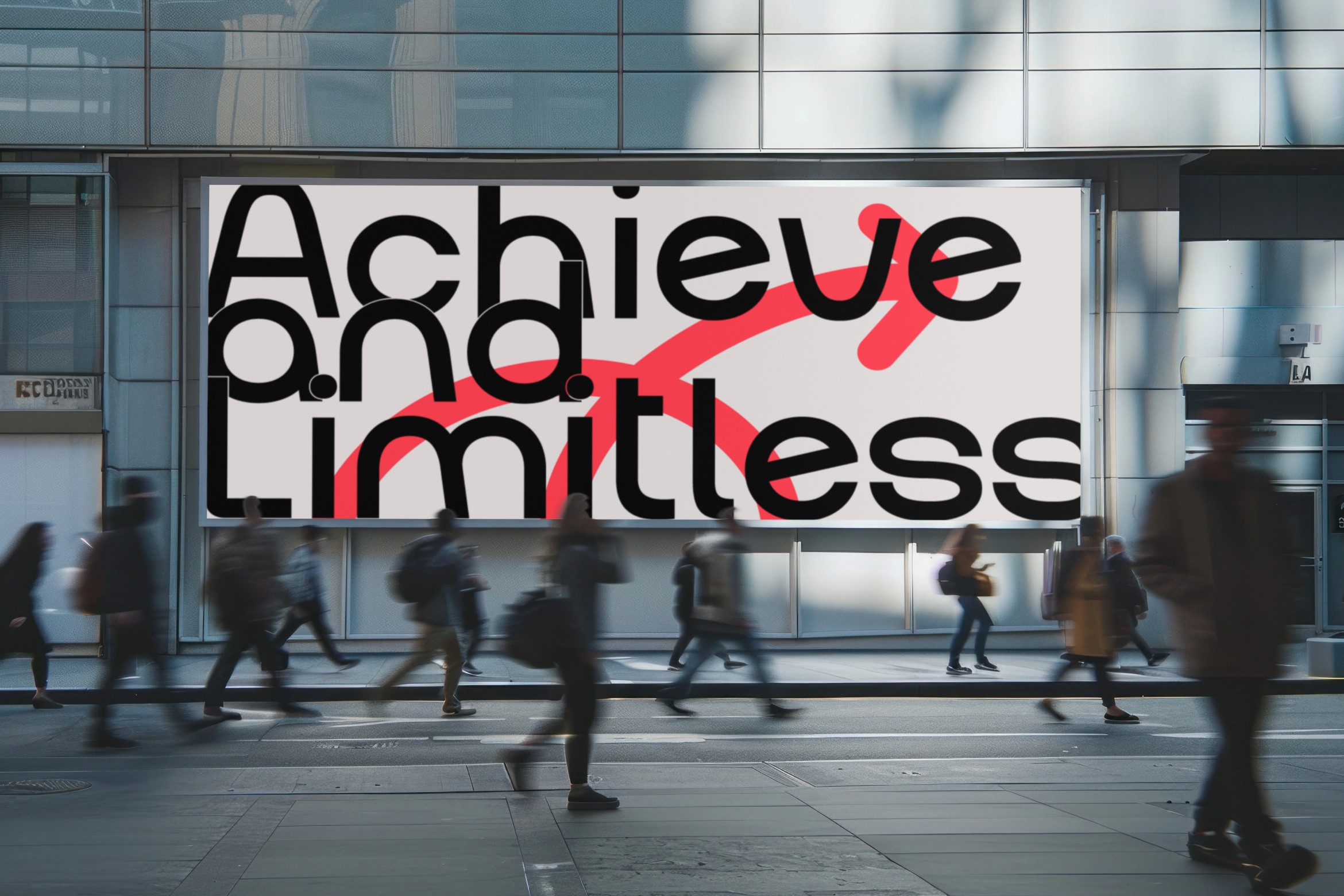 Achieve limitless billboard on modern building facade with street foot traffic blur
