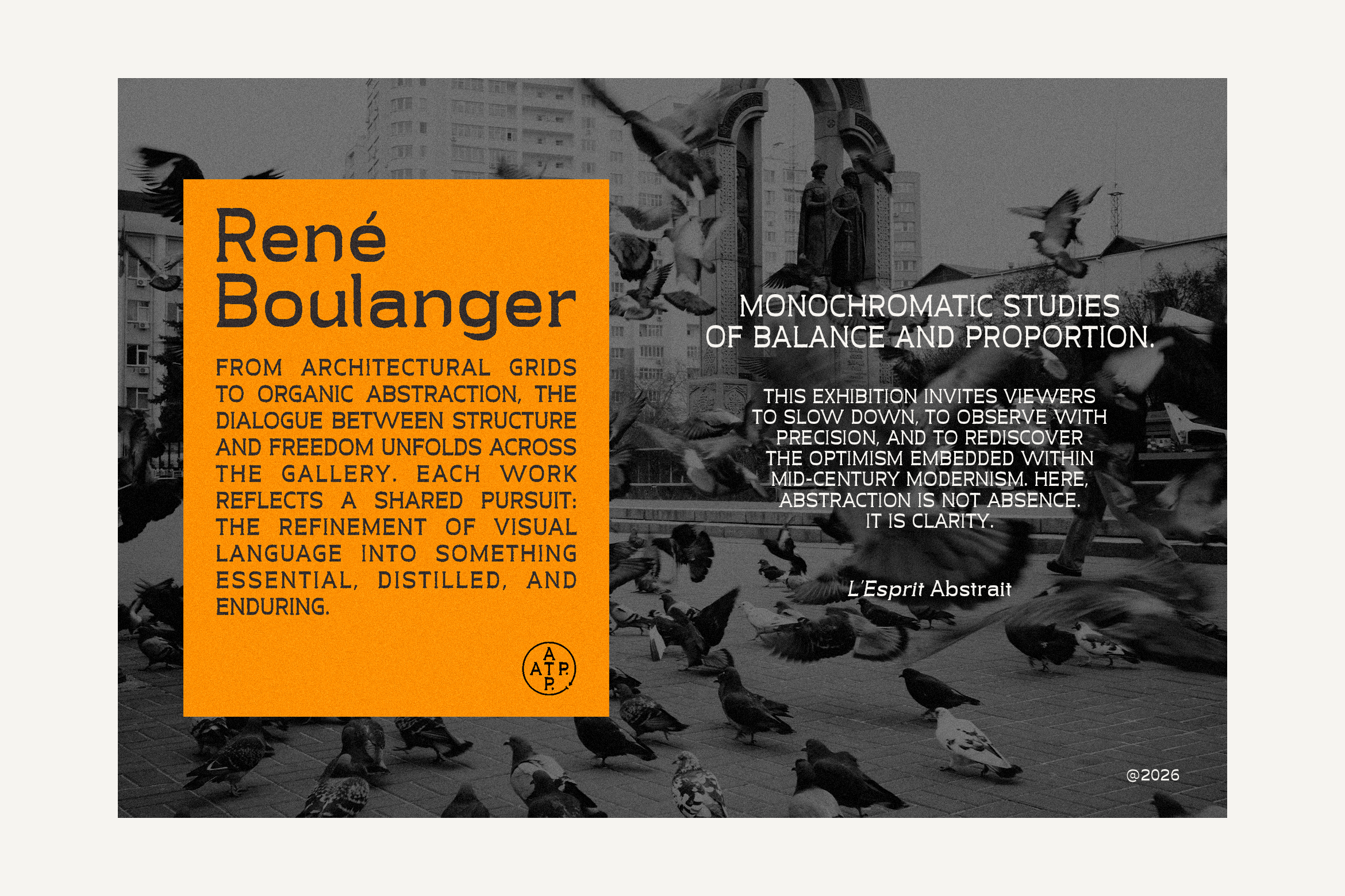 René Boulanger exhibition poster with orange panel over grayscale urban pigeons photo