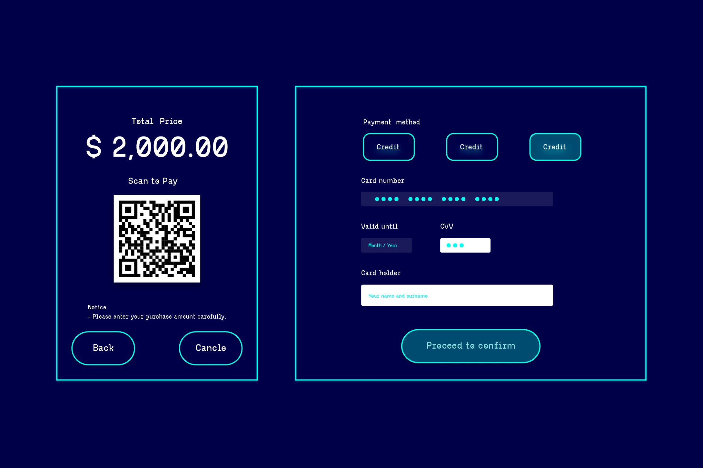 Payment checkout UI with price display, QR code, payment method selection, card details form in cyan neon