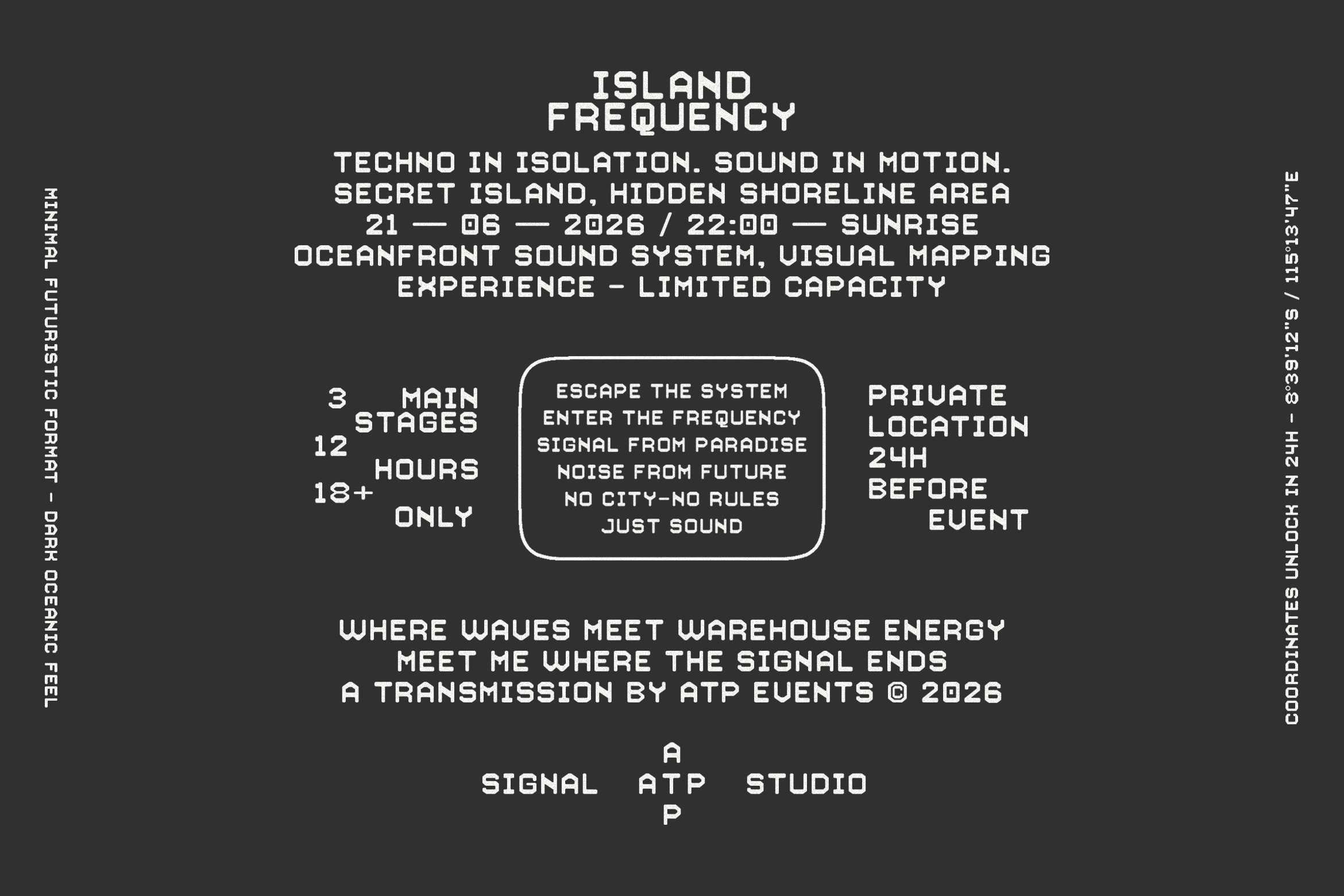 Event flyer layout with monospace typeface detailing underground rave coordinates date time info