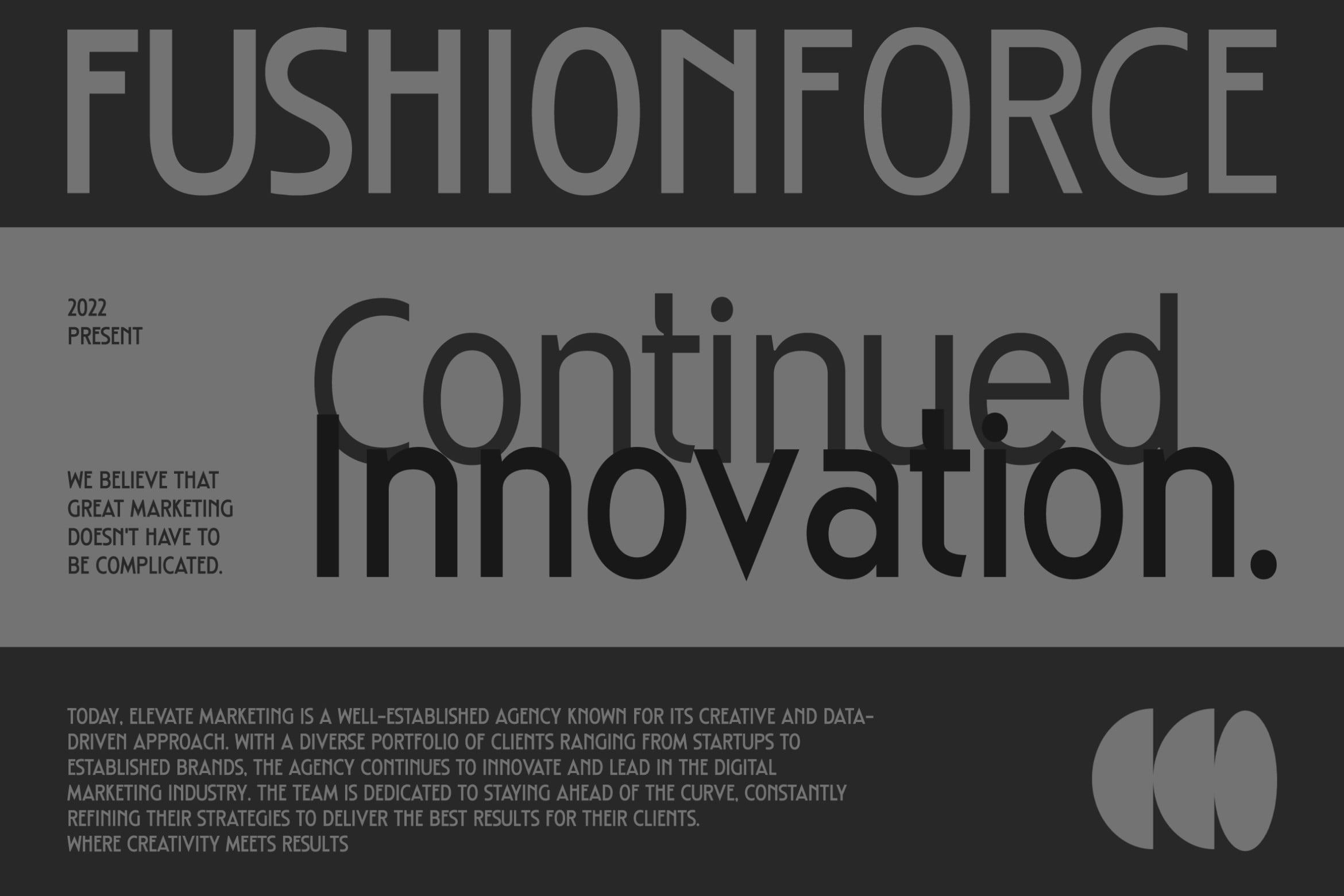 Fusion Force agency website layout with continued innovation headline