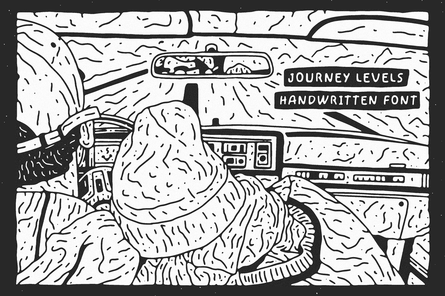 Sketch illustration of driver in car with Journey Levels handwritten font label