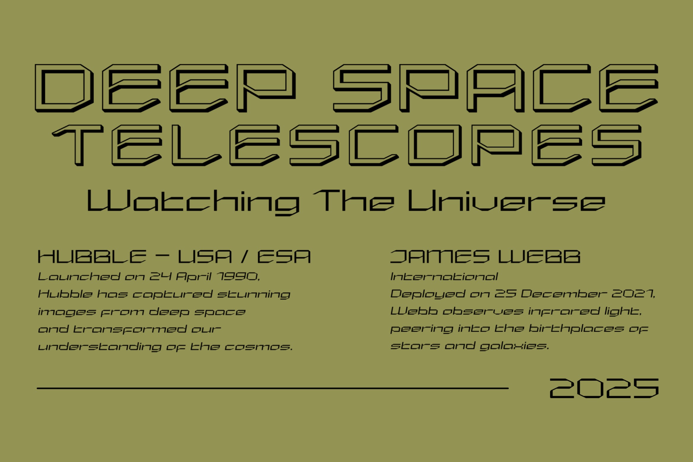Deep Space Telescopes typography layout about Hubble James Webb universe discovery