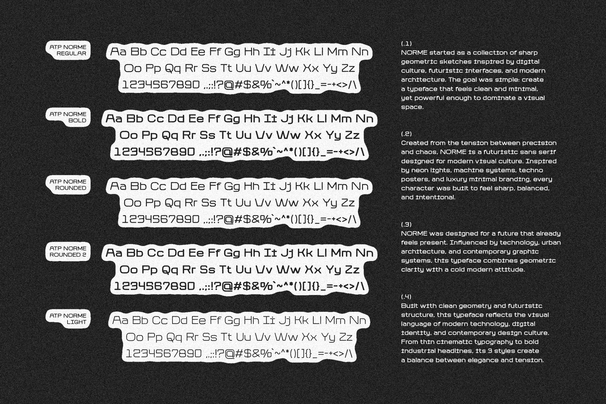 Font set showcasing ATP Norme family with styles including Regular, Bold, Rounded, Light. Modern sans serif, geometric design, typography asset.