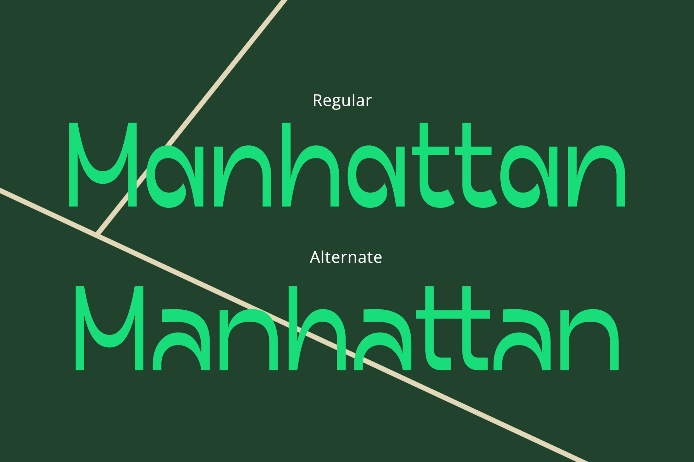 Manhattan font showing regular plus alternate character versions in bright green