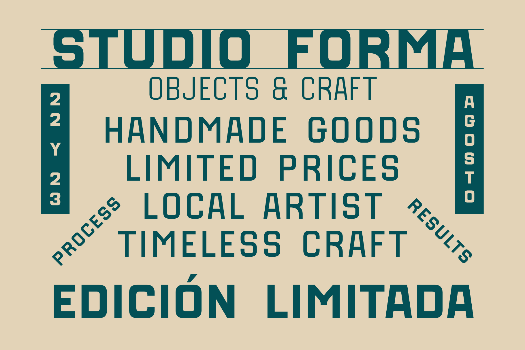 Retro poster with teal text on cream background promoting handmade goods, limited prices, local artist work