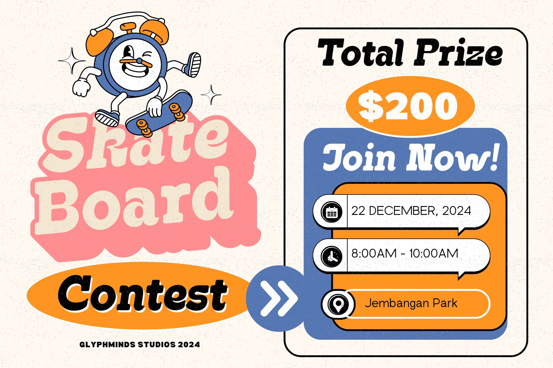 Skateboard contest flyer with cheerful clock mascot showing date time location