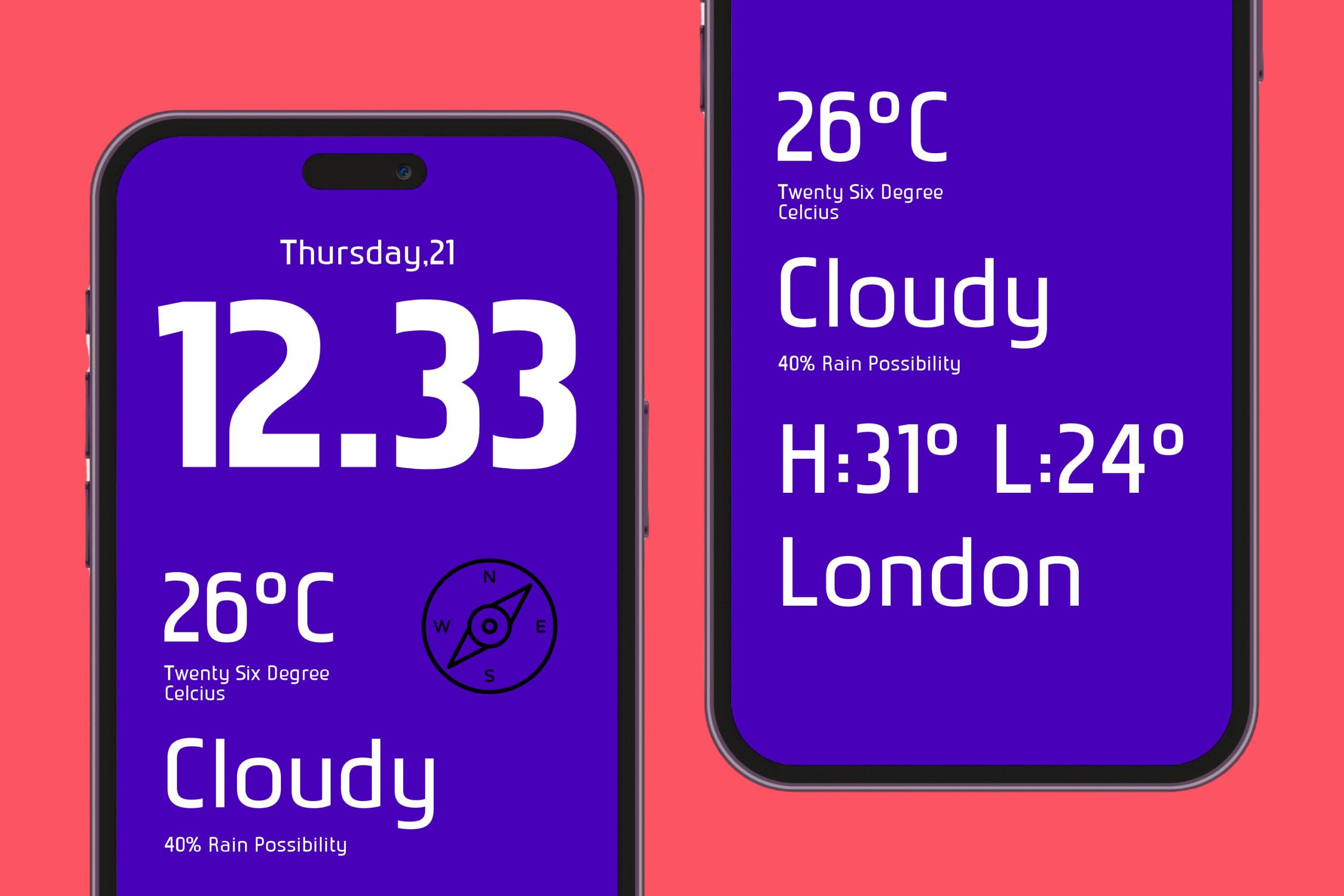 Weather app mockup showing London forecast 26°C cloudy on phone screens