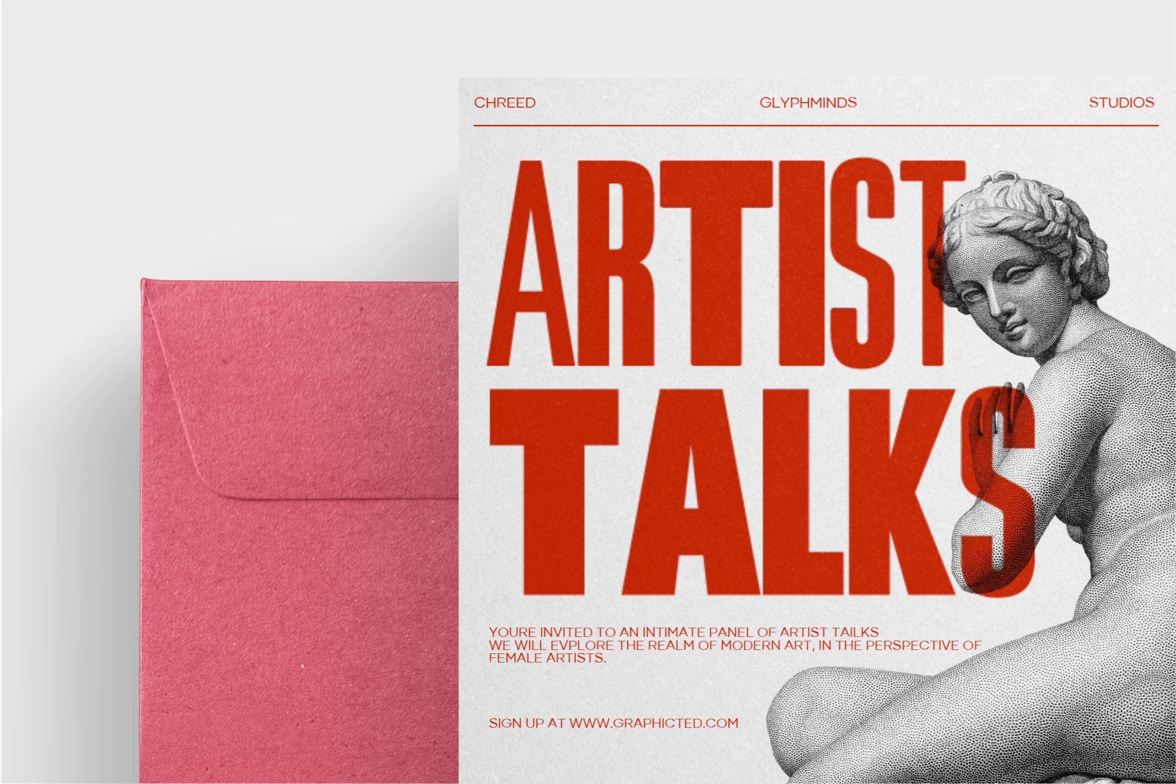 Pink envelope with artist talks poster featuring classical bust sculpture