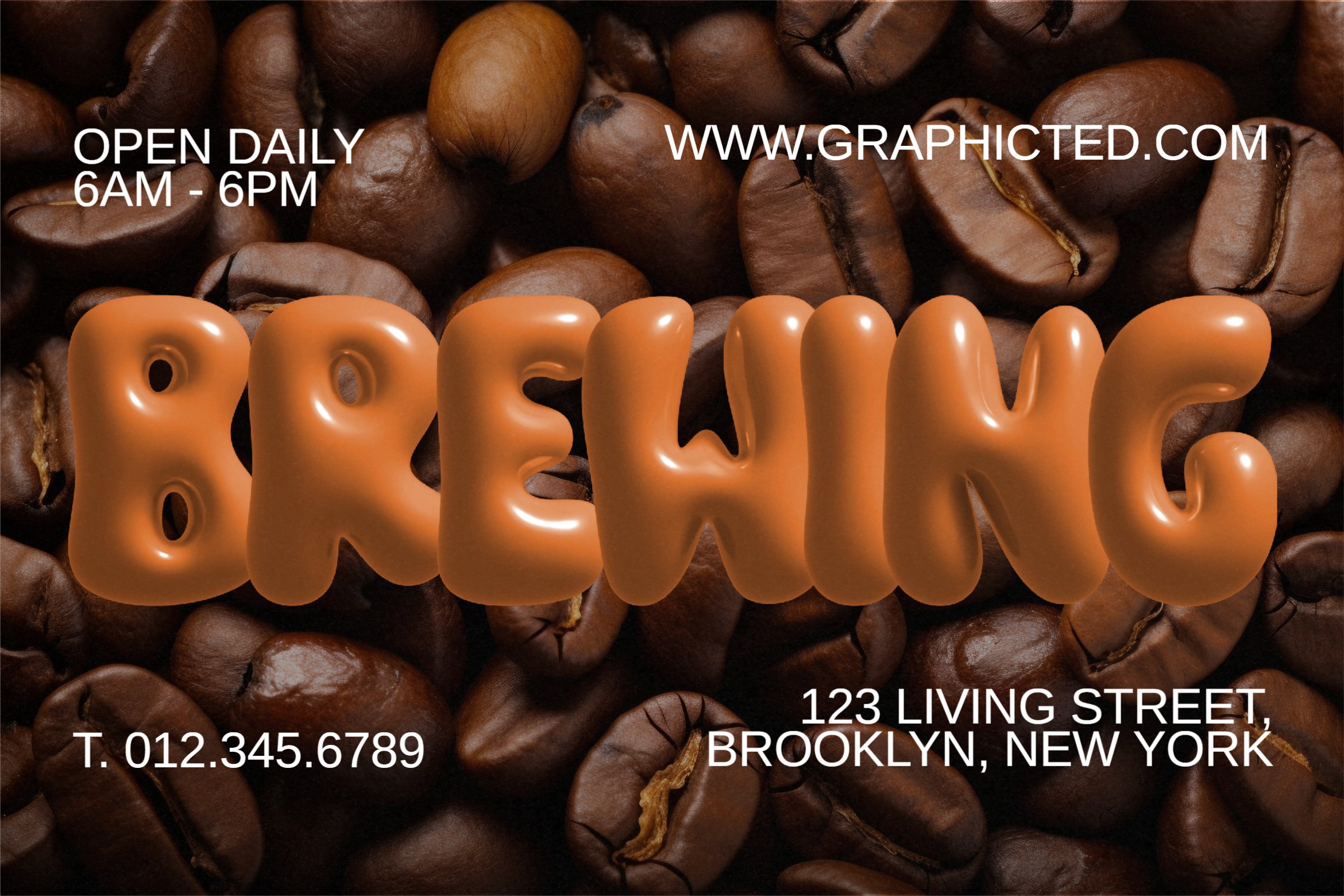 Warm bronze 3D letters spelling Brewing layered over scattered coffee bean background