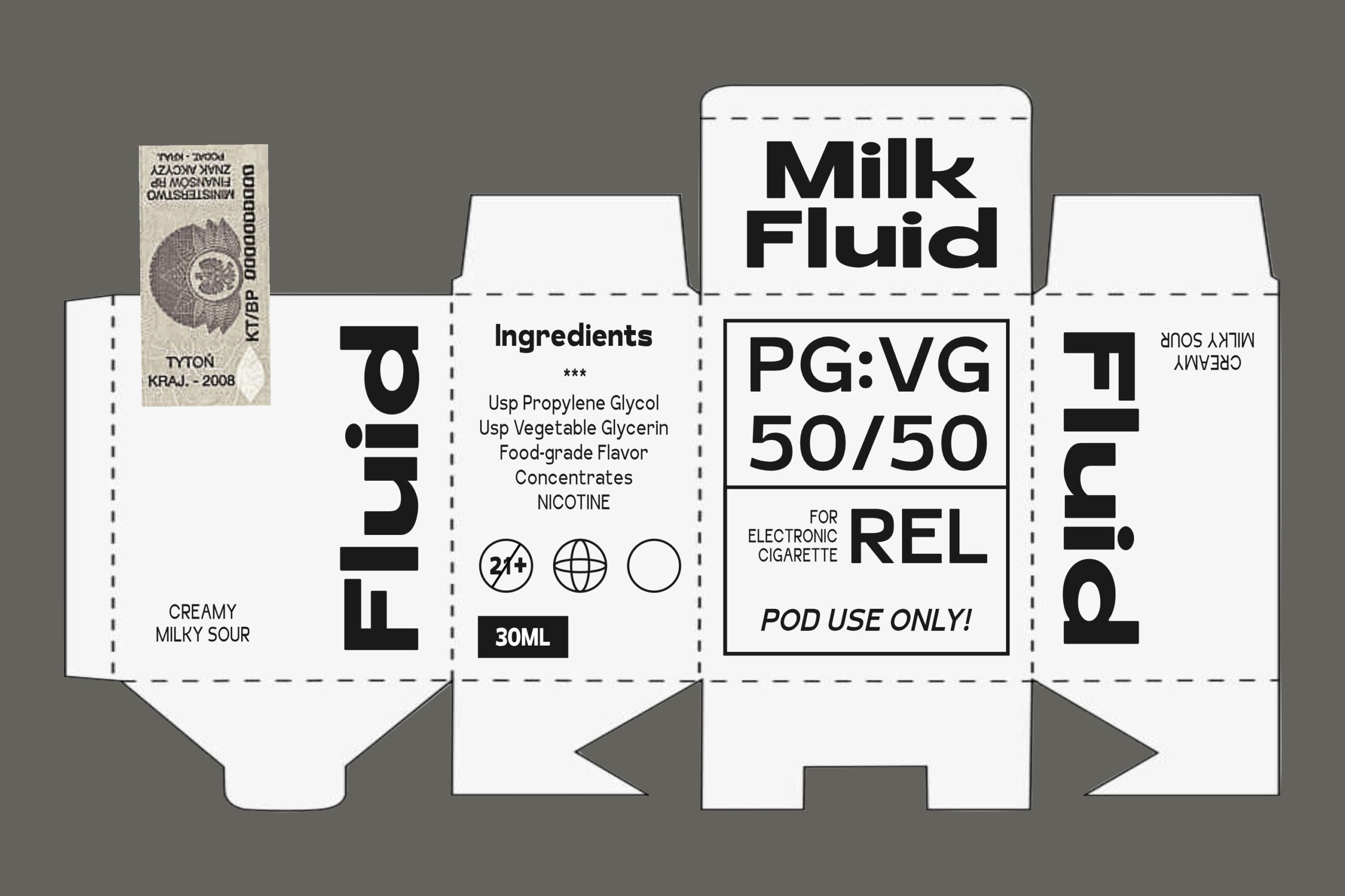 Vape juice bottle box mockup with 50/50 PG:VG ratio, ingredients label, bold typography