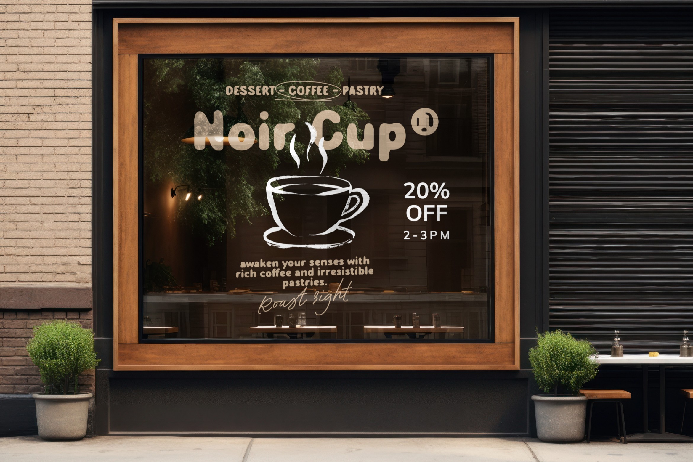 Storefront window mockup for Noir Cup coffee shop with wood frame, neon cup graphic, 20% off promo