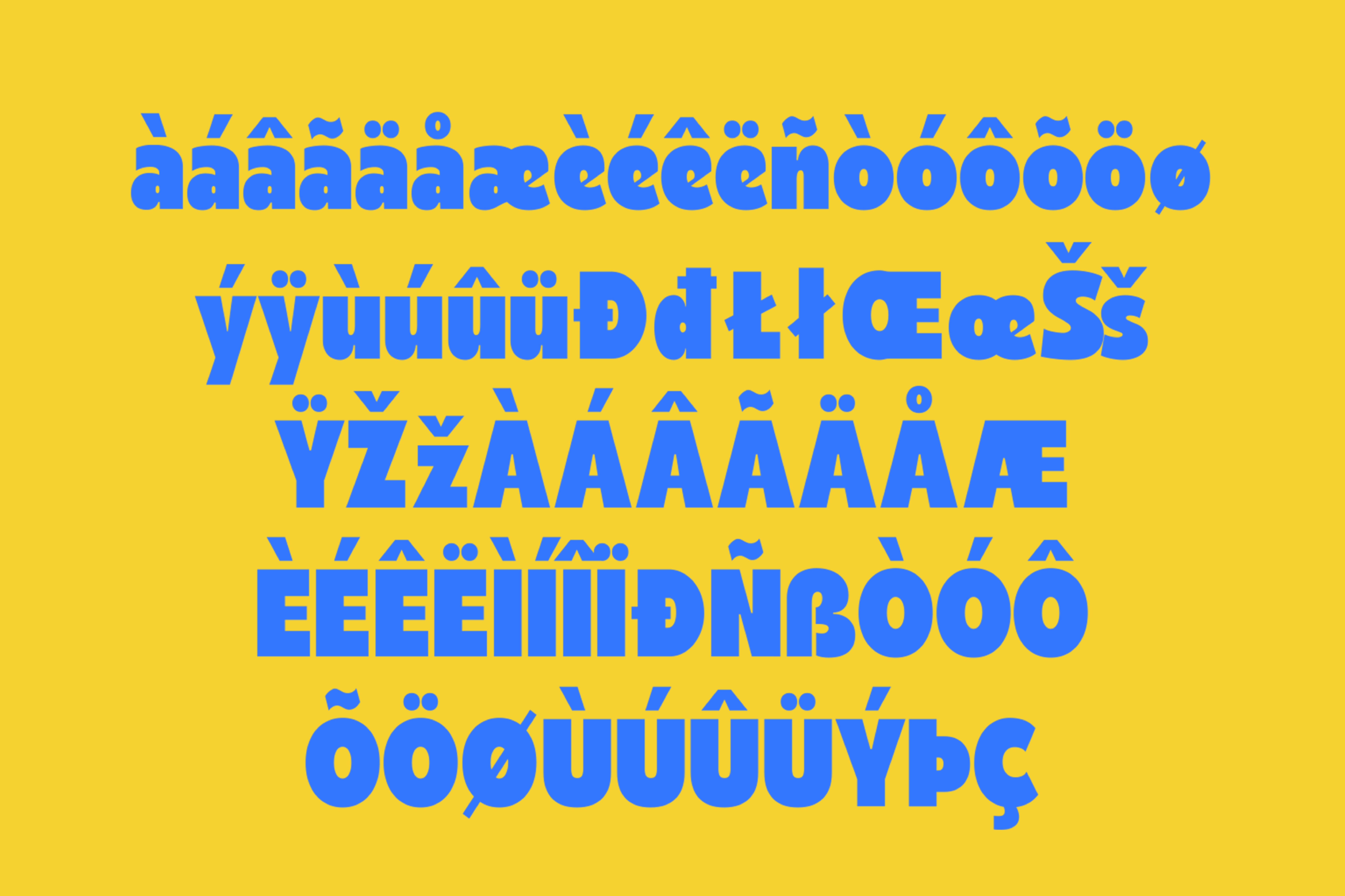 Blue bold alphabet with accents on a vibrant yellow background highlighting multilingual typography design for fonts and graphics in digital assets.