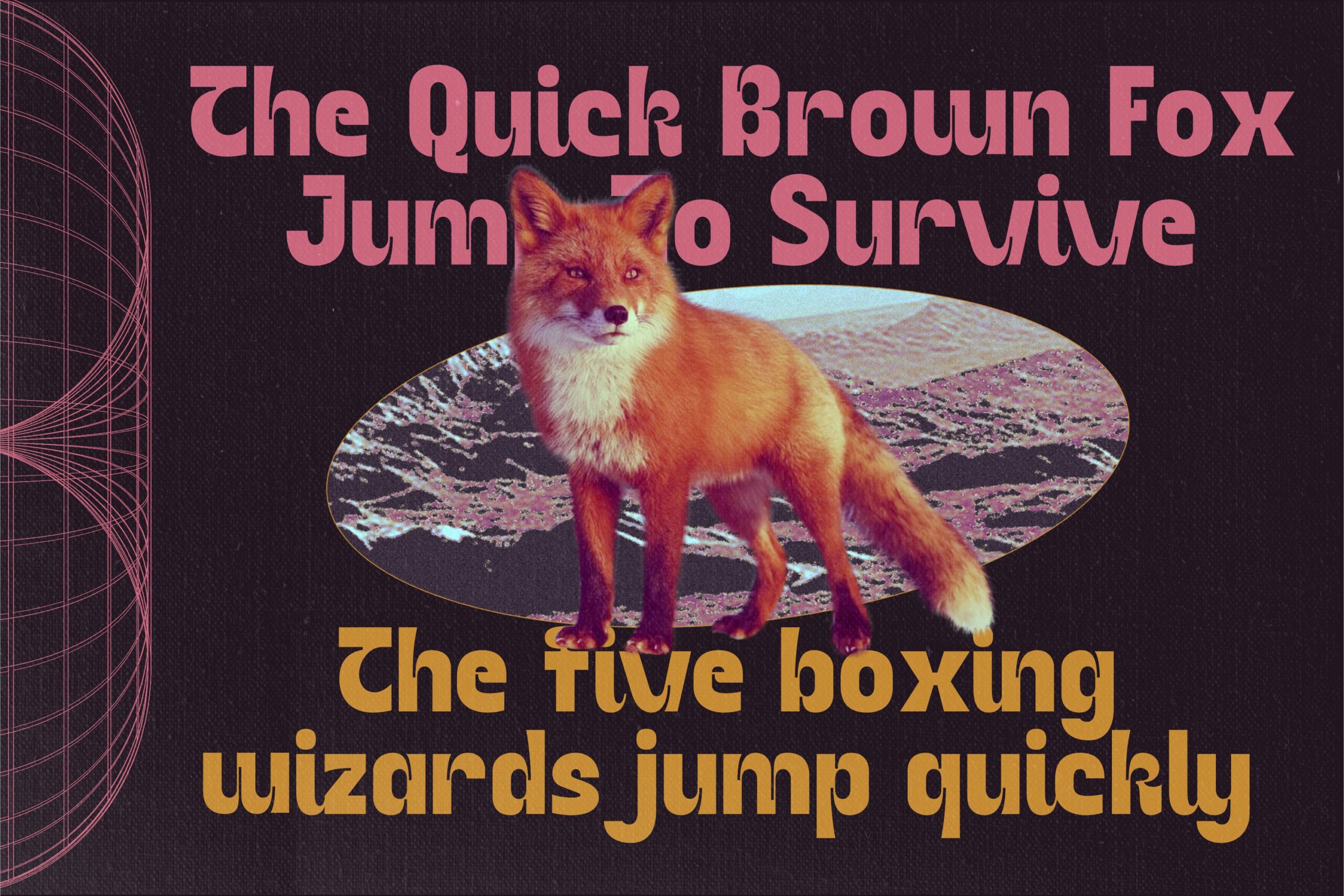 Pink pangram text with fox, collage style on dark background, vaporwave vibes