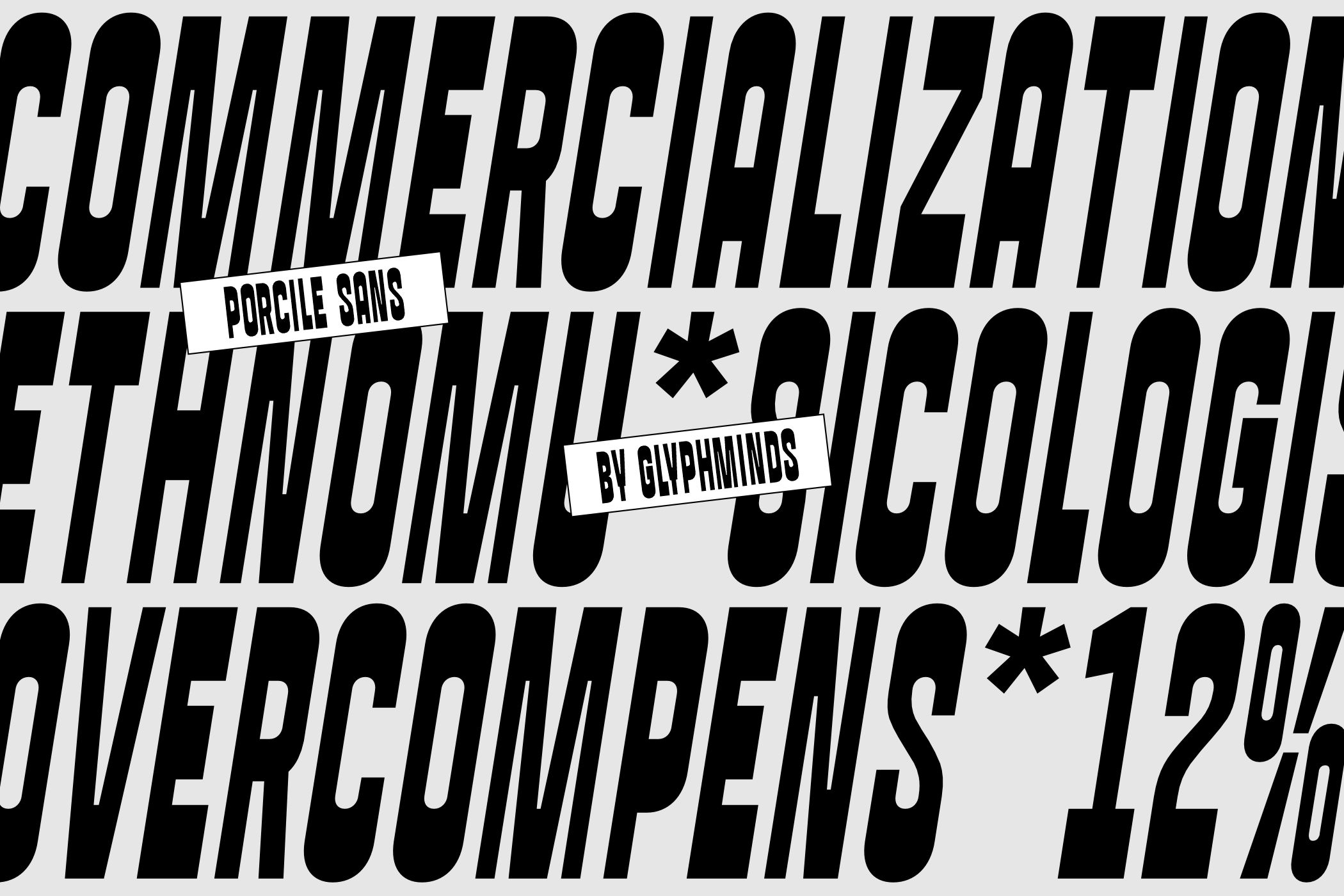 Porcile Sans font specimen with commercialize, ethnologic, overcomplexness text
