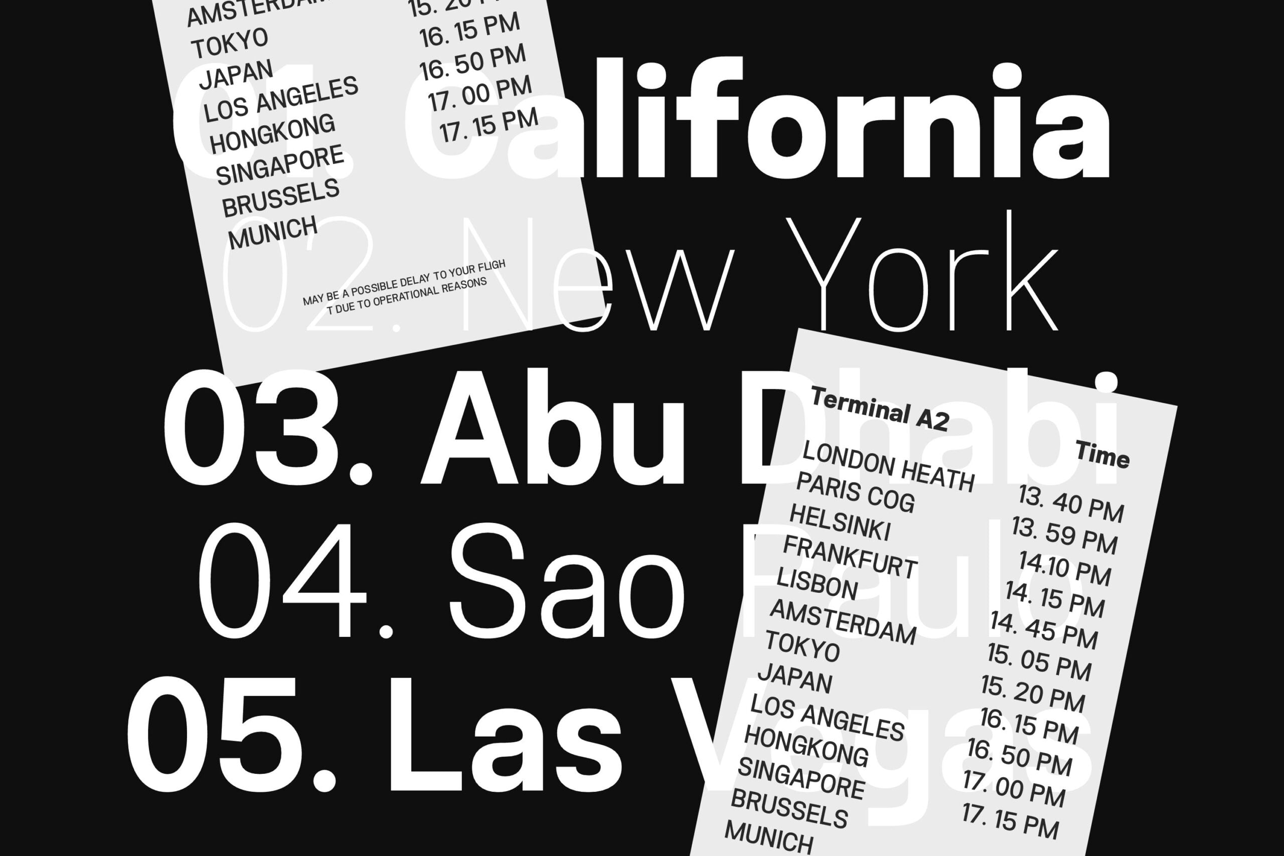 Airport departure boards showing flight times to global destinations with city names