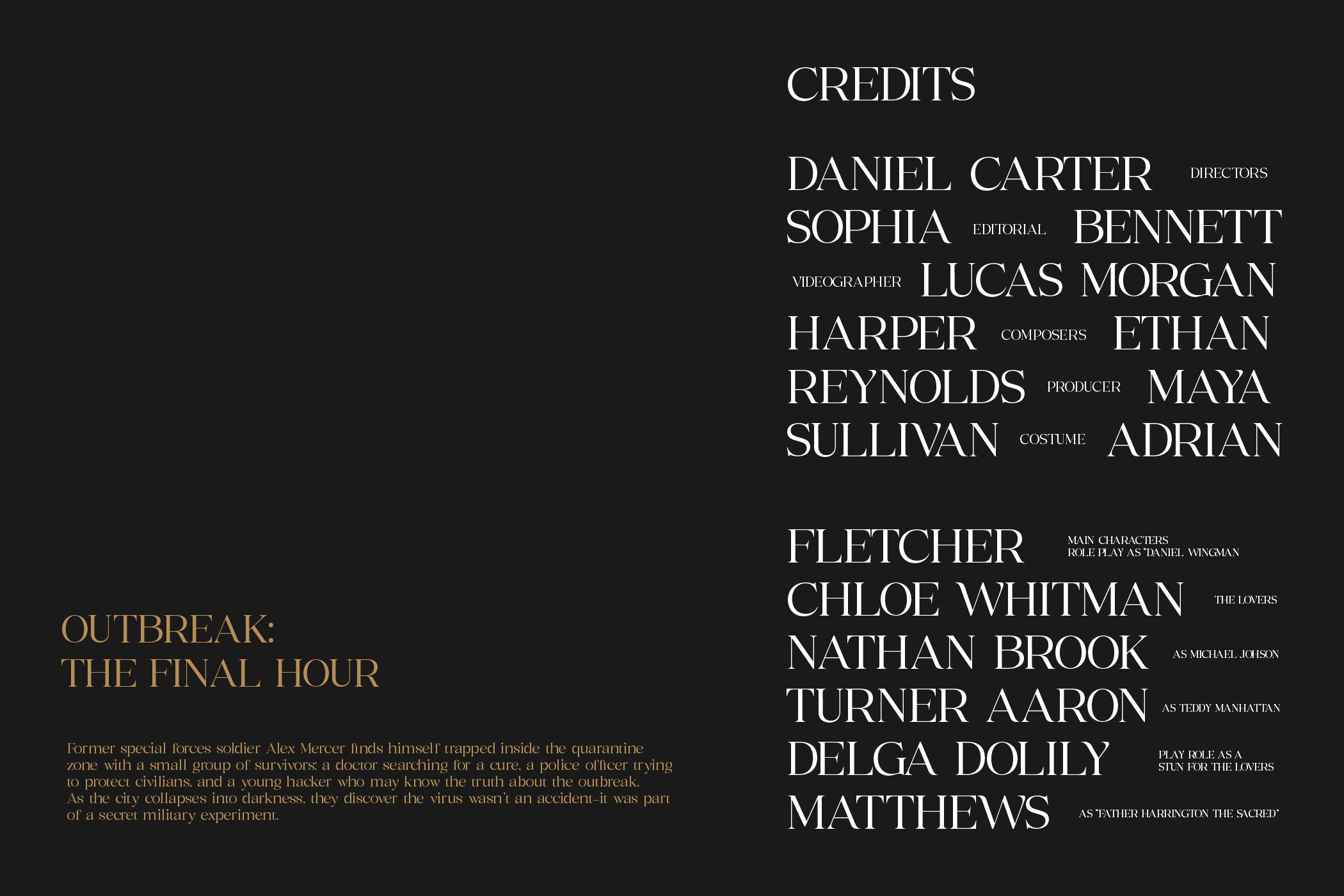 Movie credits page with serif font listing names roles directors cast on black