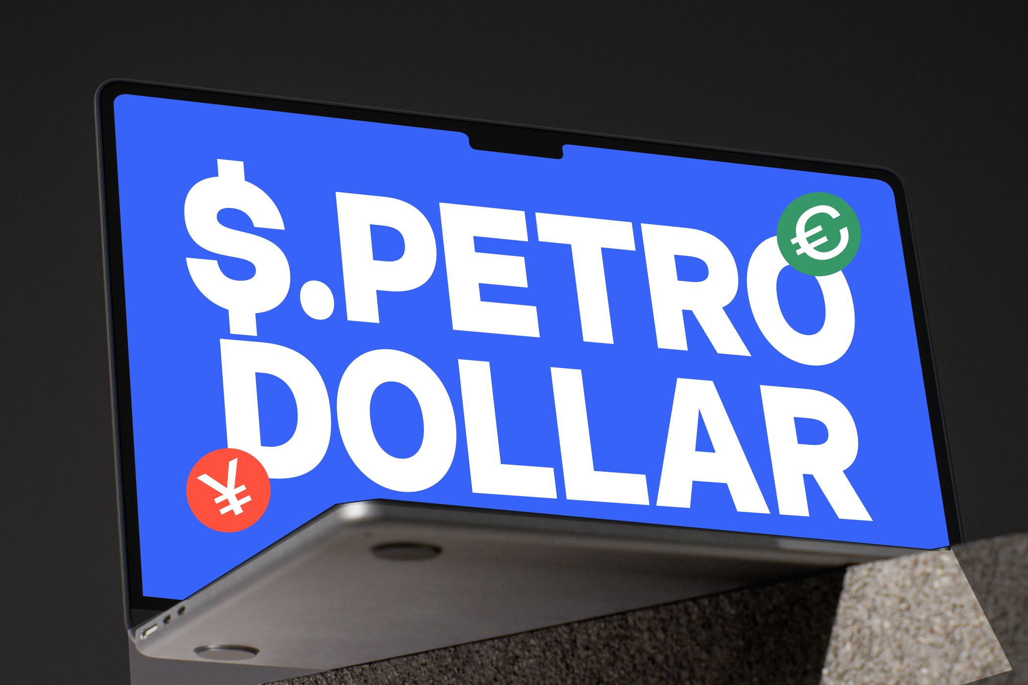 Laptop screen showing S.Petro Dollar app with currency symbols blue background