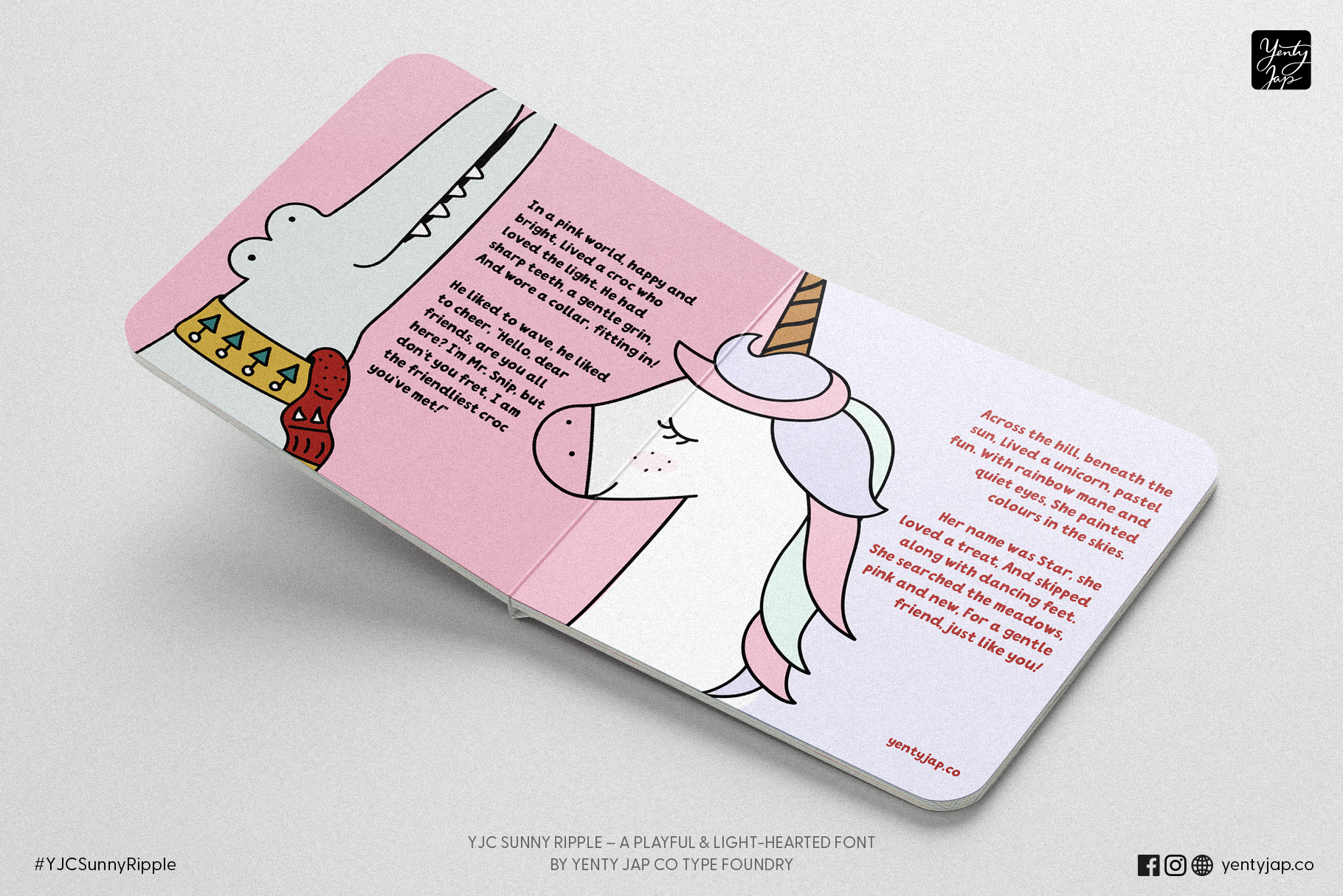 Open children's book with pink cover showing cute bunny character in festive sweater