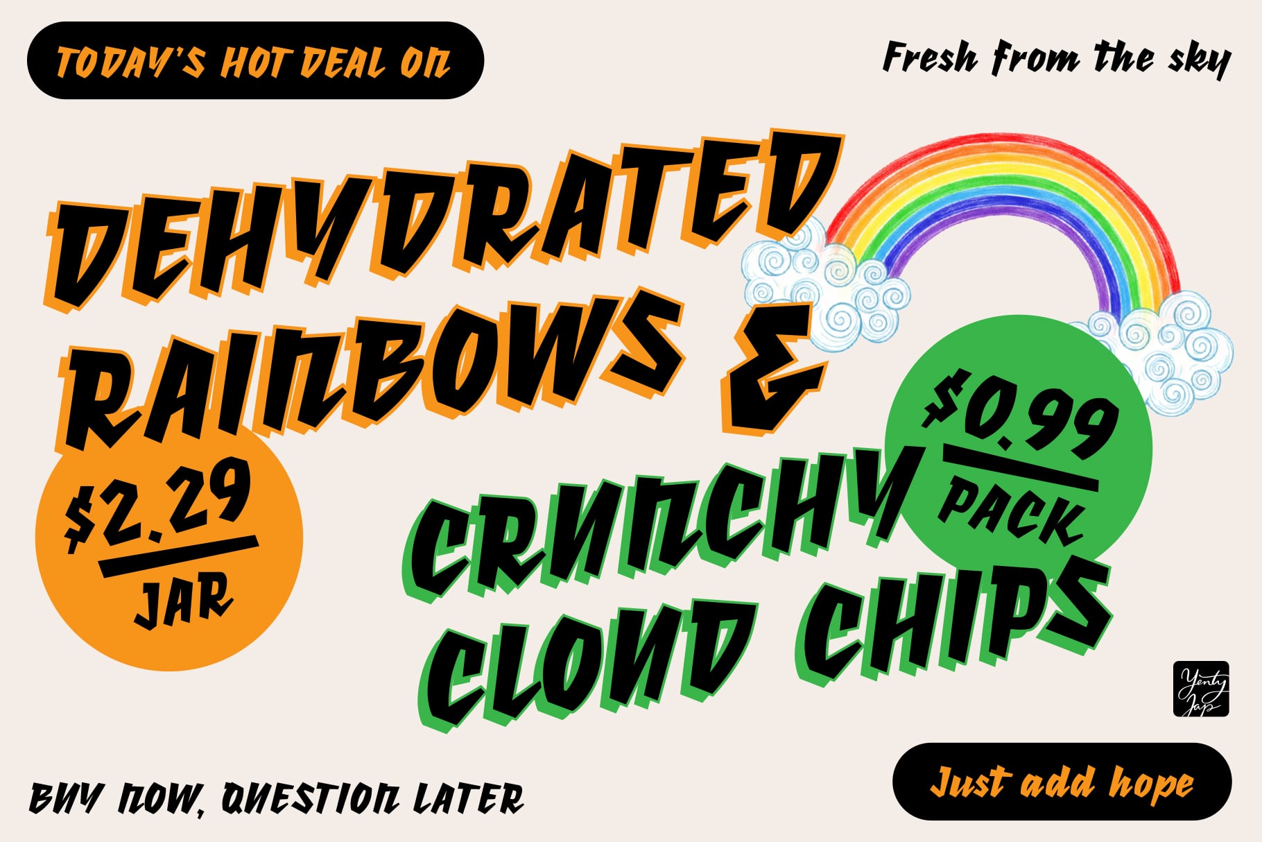 Retro promo graphic with dehydrated rainbows jar, crunchy cloud chips pack, colorful text layouts