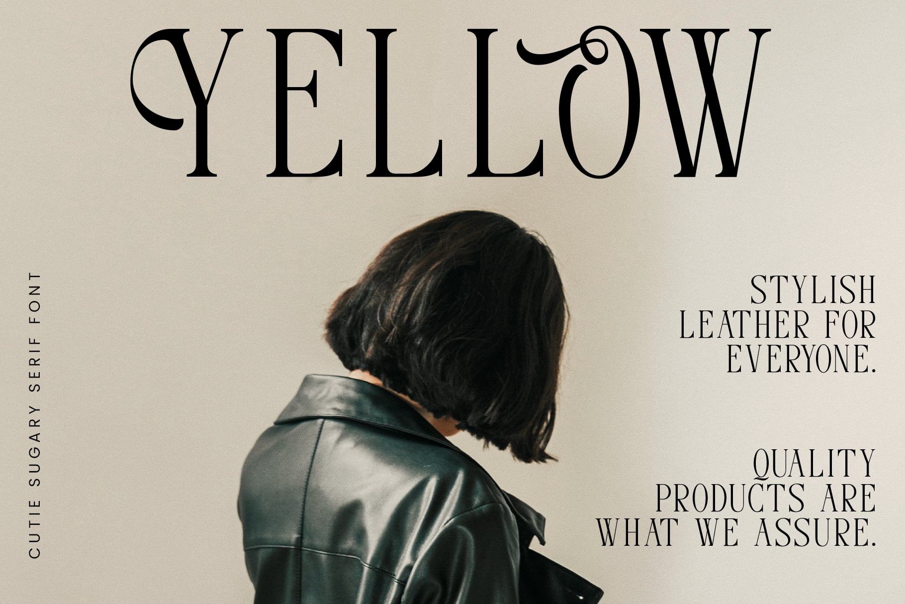 Woman in black leather jacket with Yellow serif font title displayed