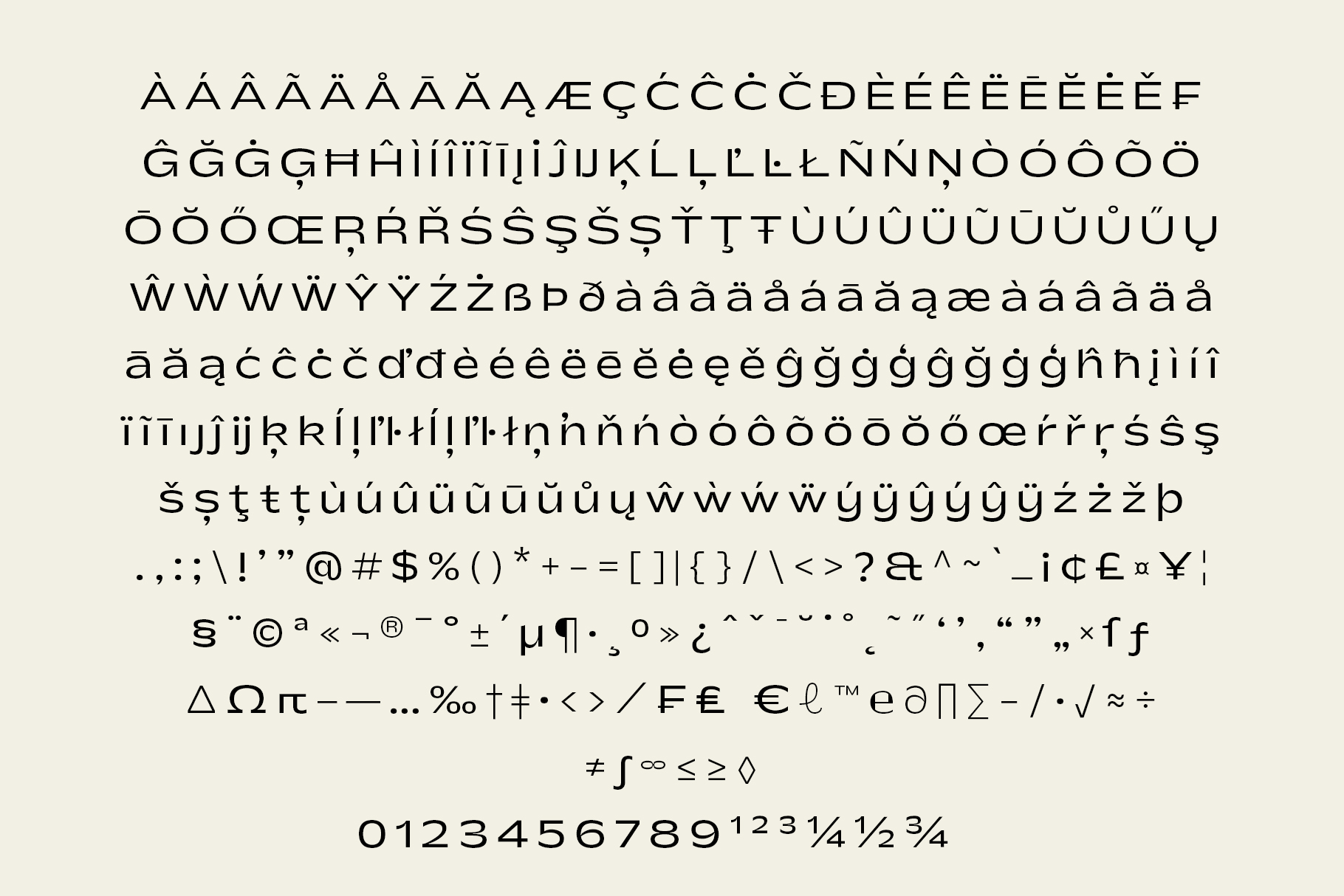 Extended character set showing accented letters, symbols, numbers for international language support