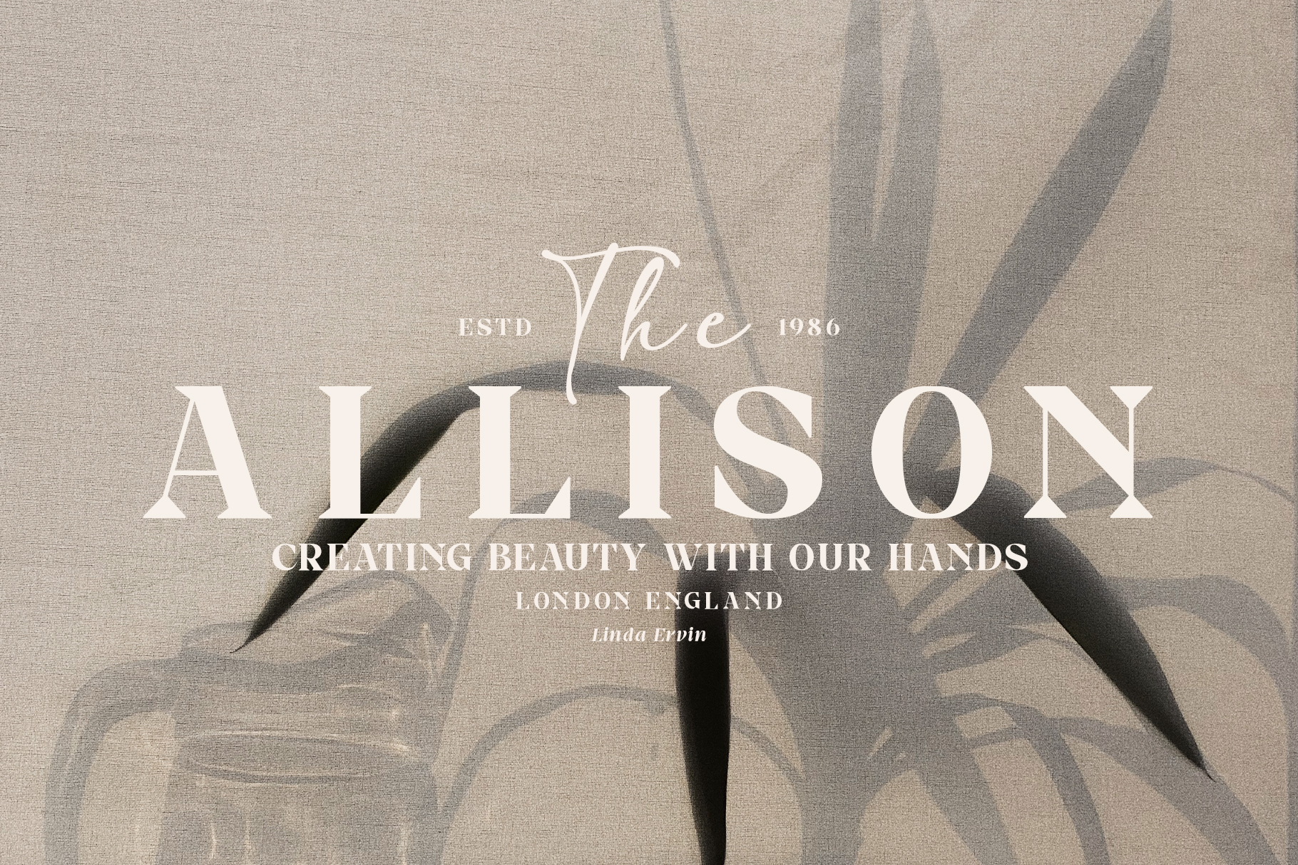 Allison beauty brand typography with shadow leaf design on linen texture