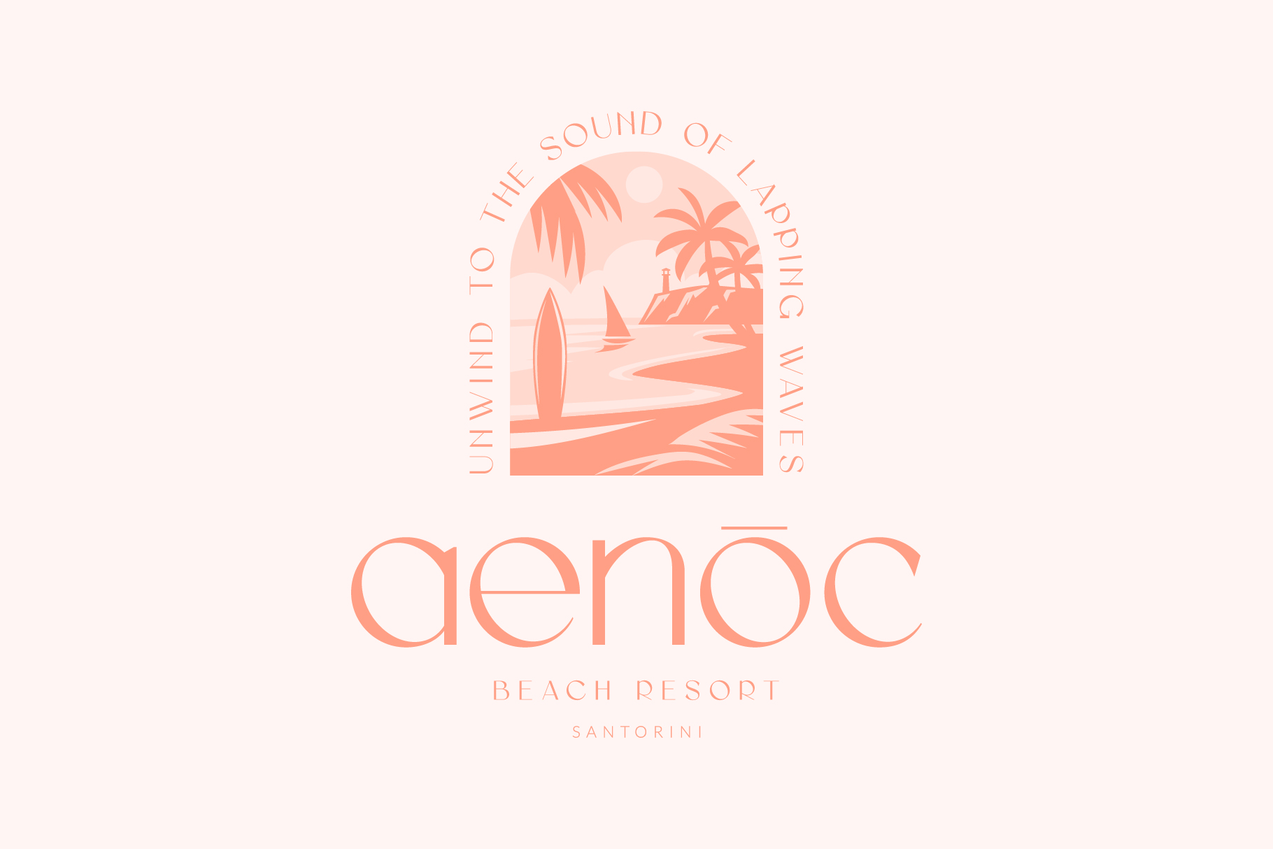 Aenoc beach resort logo with arched gateway illustration, tropical palm trees, sailboats