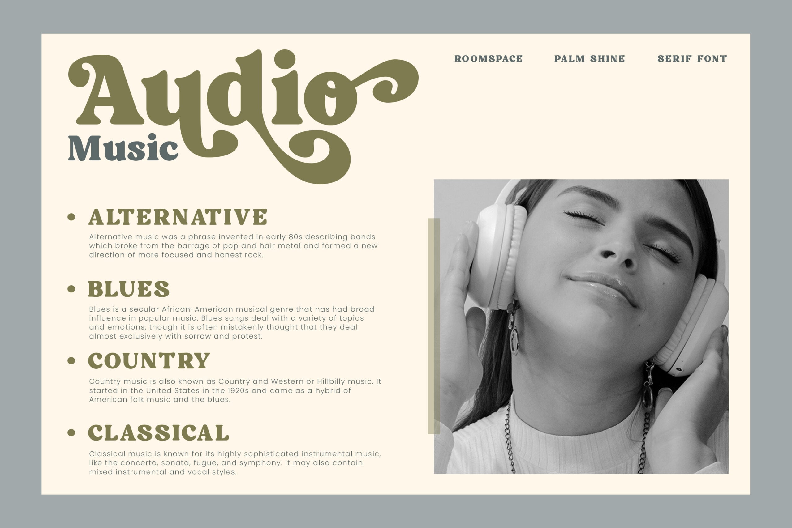 Audio Music layout with girl wearing headphones, font samples, magazine style
