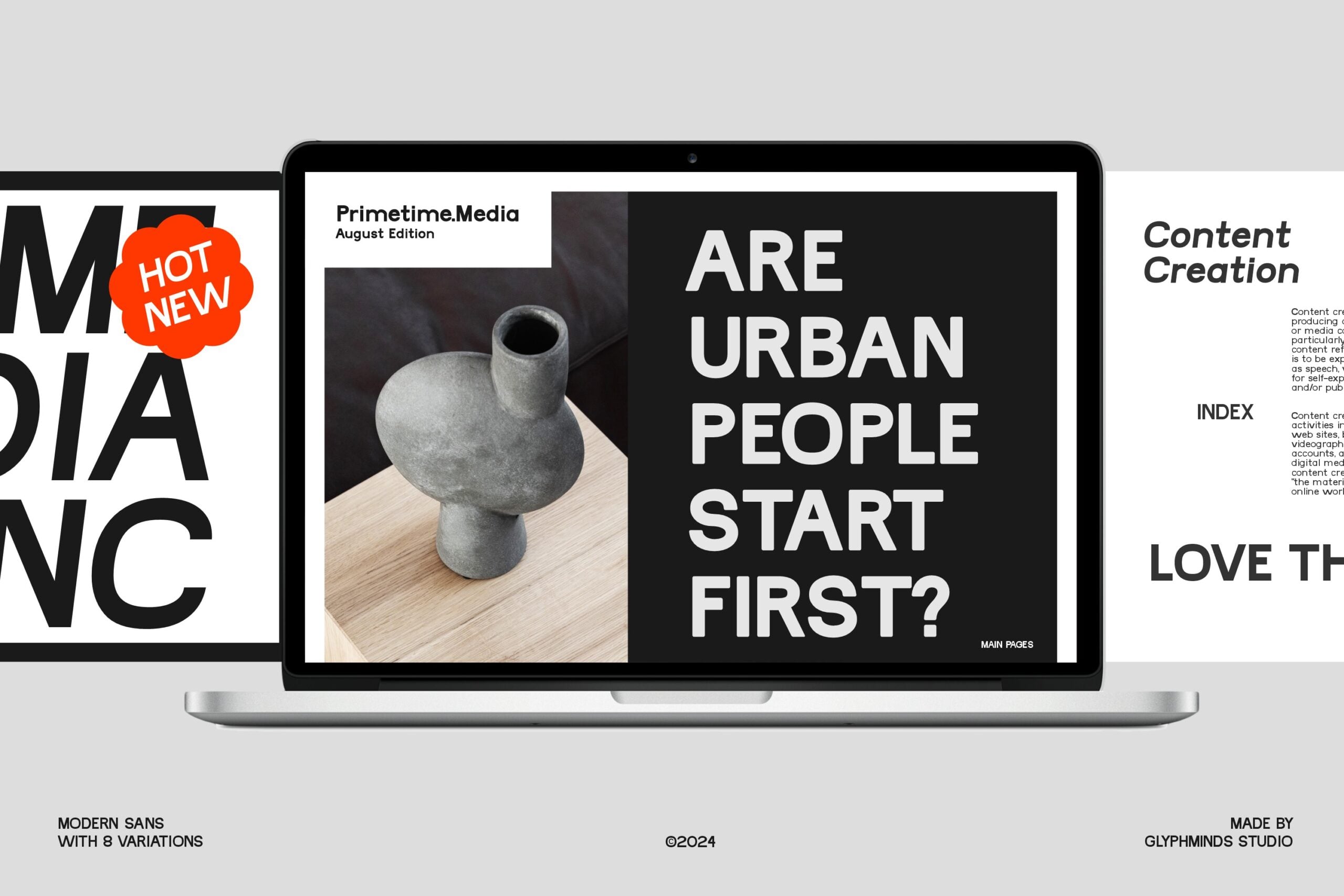 Magazine layout on laptop screen featuring ceramic vessel with bold typography about urban lifestyle