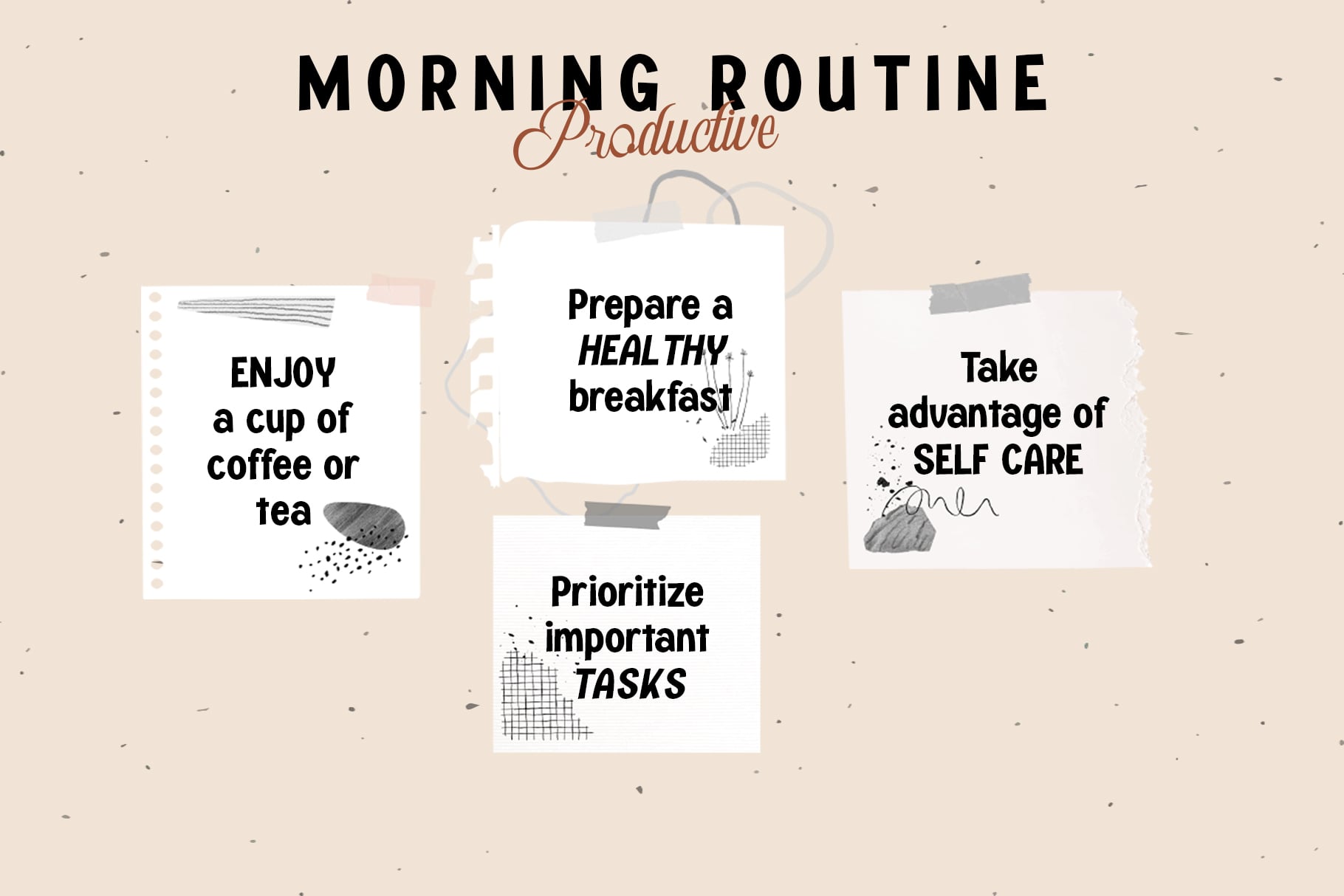 Morning Routine Productive graphic with four sticky note style cards showing wellness tips