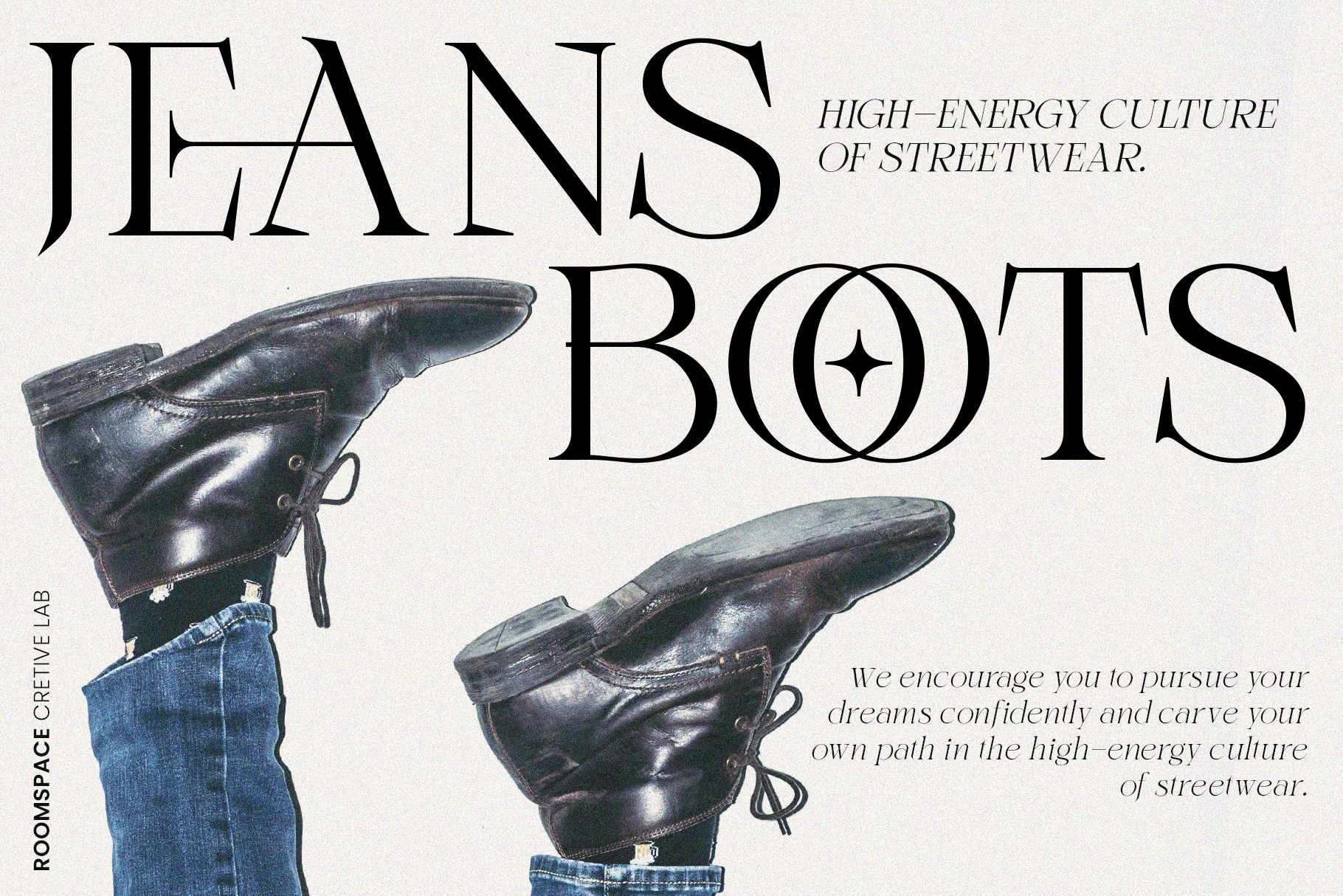 Black leather combat boots styled with blue denim on cream background