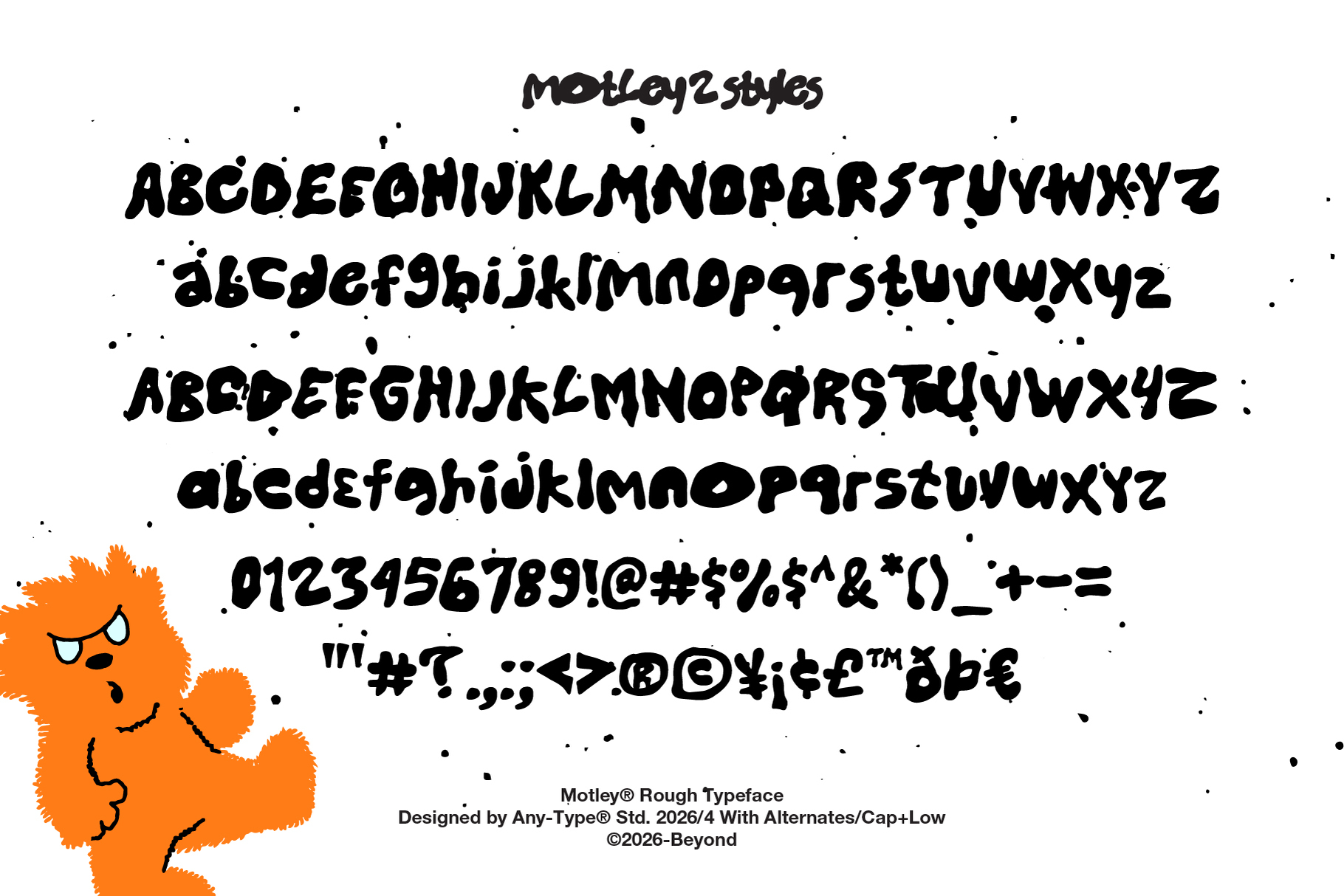 Motley typeface specimen showing multiple weights with orange mascot character