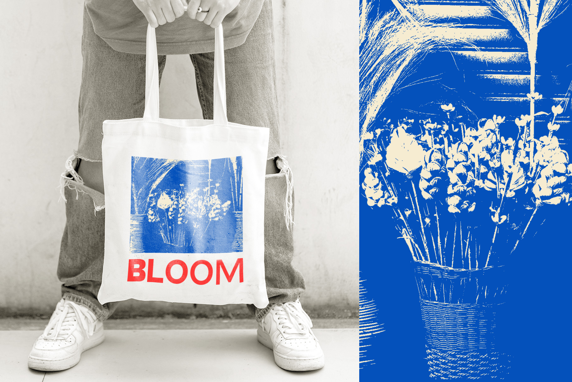 White tote bag with blue botanical print labeled BLOOM, held by person in casual jeans