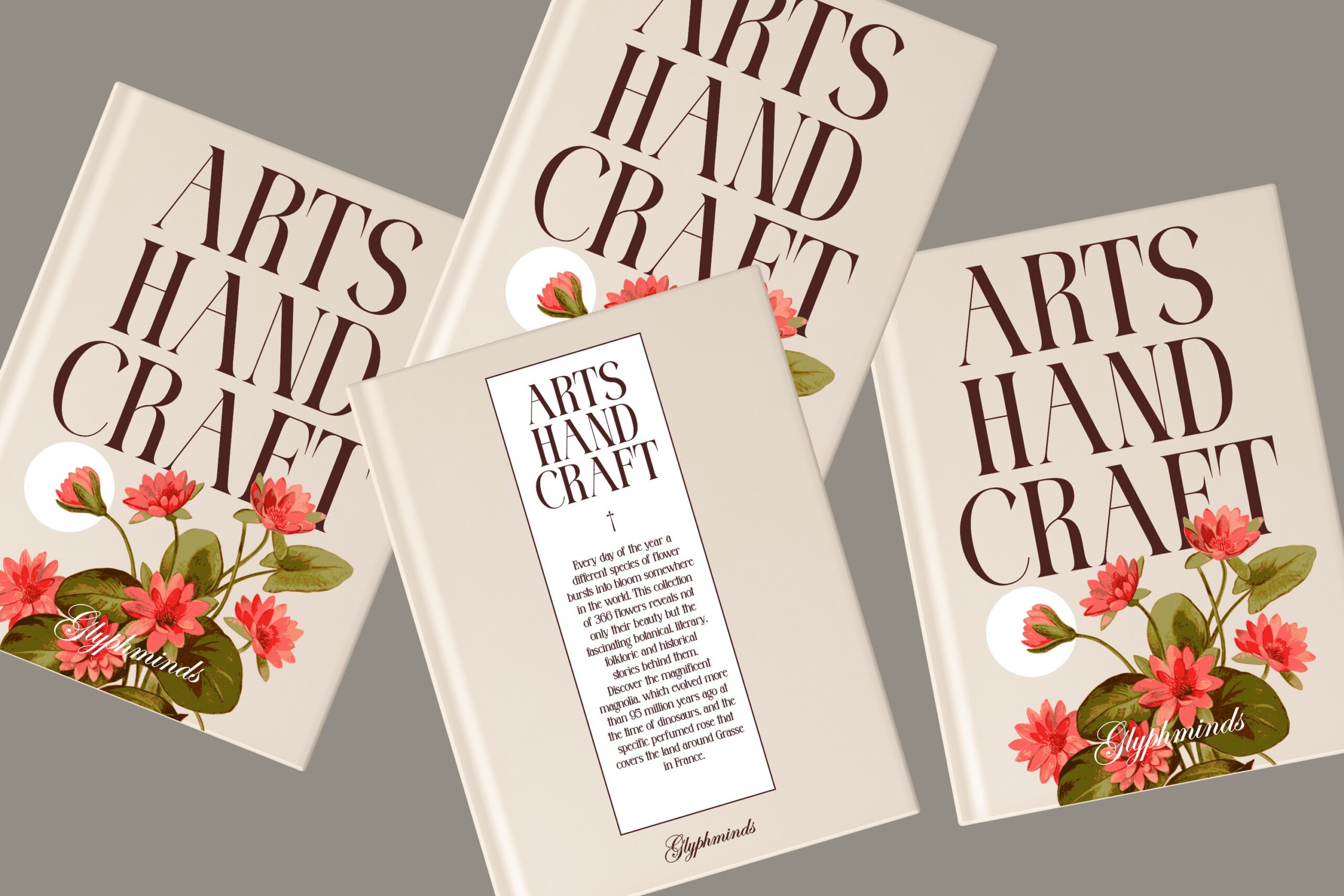 Three cream book covers with burgundy serif text reading Arts Hand Craft, decorated with red flower illustrations