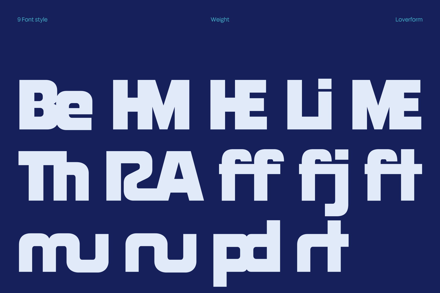 Loverform font family with 9 styles shown in white on deep blue background