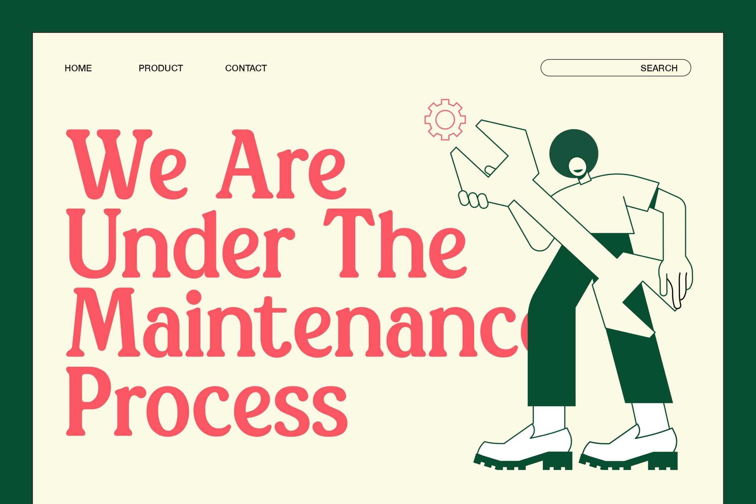 Website mockup with maintenance message, illustrated figure with checklist