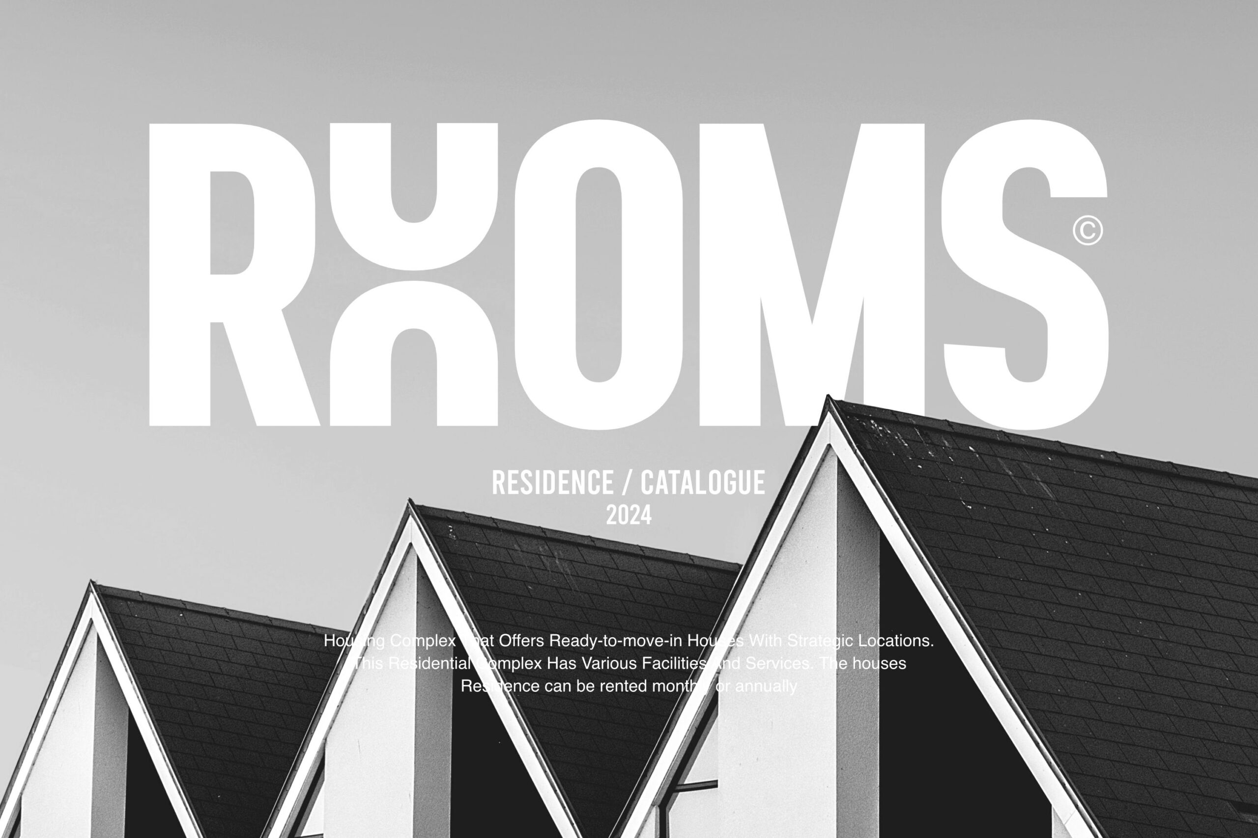 Minimalist housing catalog cover with white sans-serif text over gray background featuring residential buildings