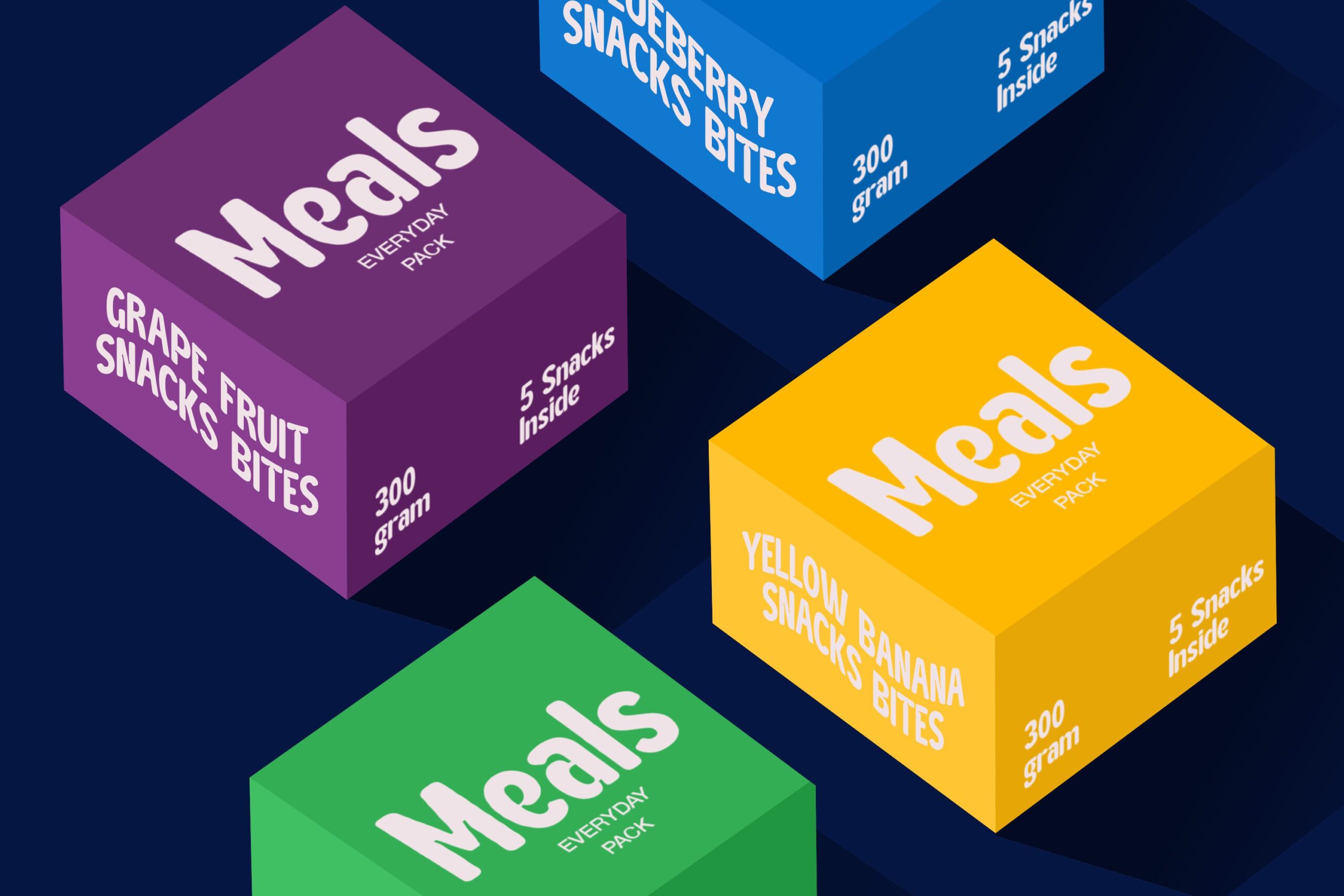Isometric snack box collection in purple, blue, yellow showing 3D product mockups