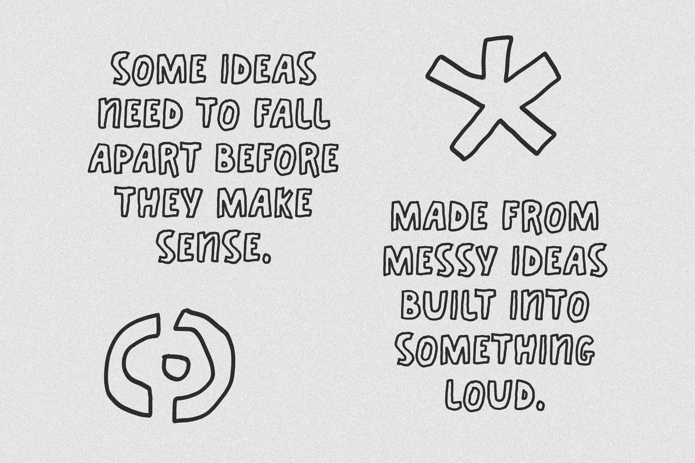 Hand-drawn text with abstract symbols. Perfect for creative typography projects, graphic design inspiration, and artistic design templates.