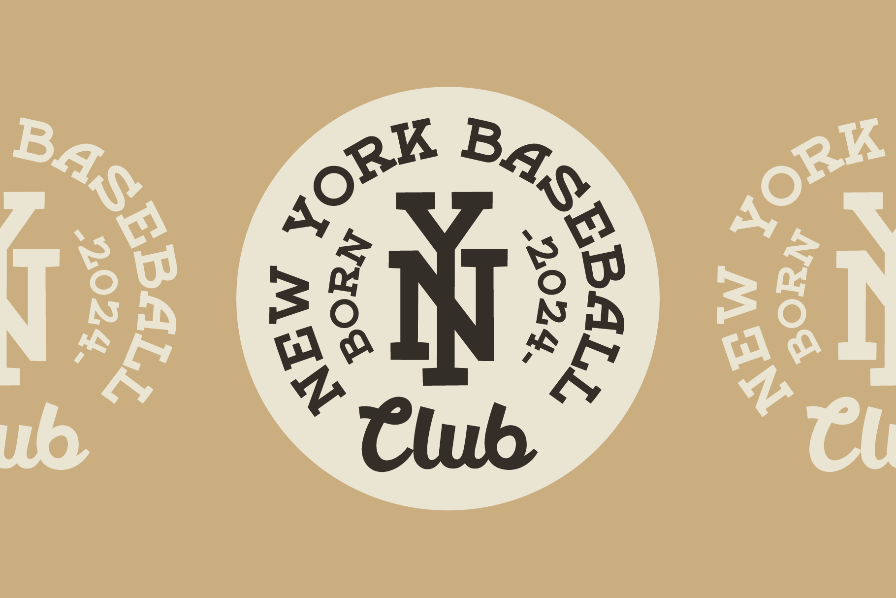 Circular badge with New York Baseball Club text in cream circle on tan background