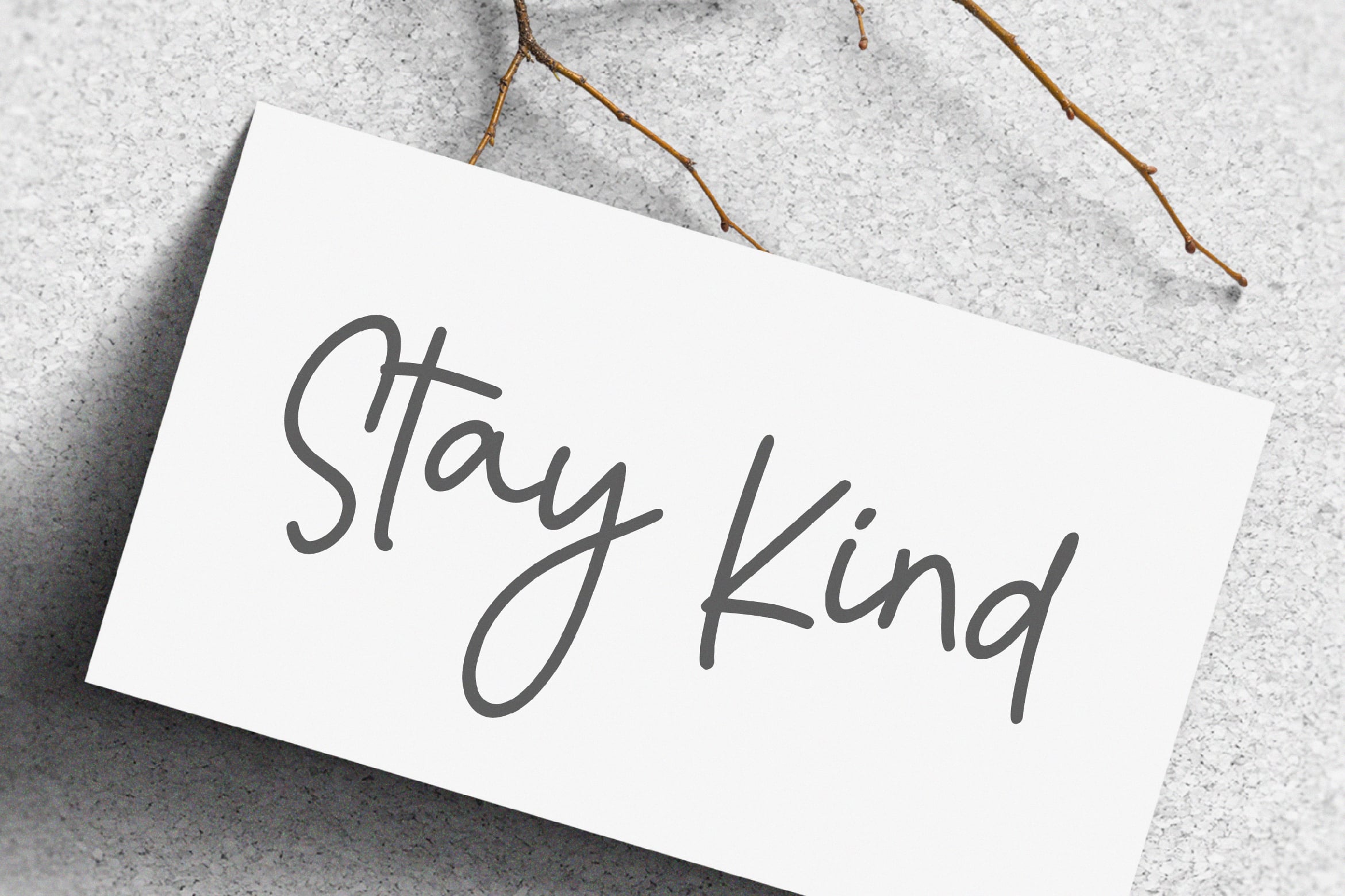 White card displaying the phrase Stay Kind in elegant script over a textured background with delicate twig accents. Ideal for inspirational typography design.