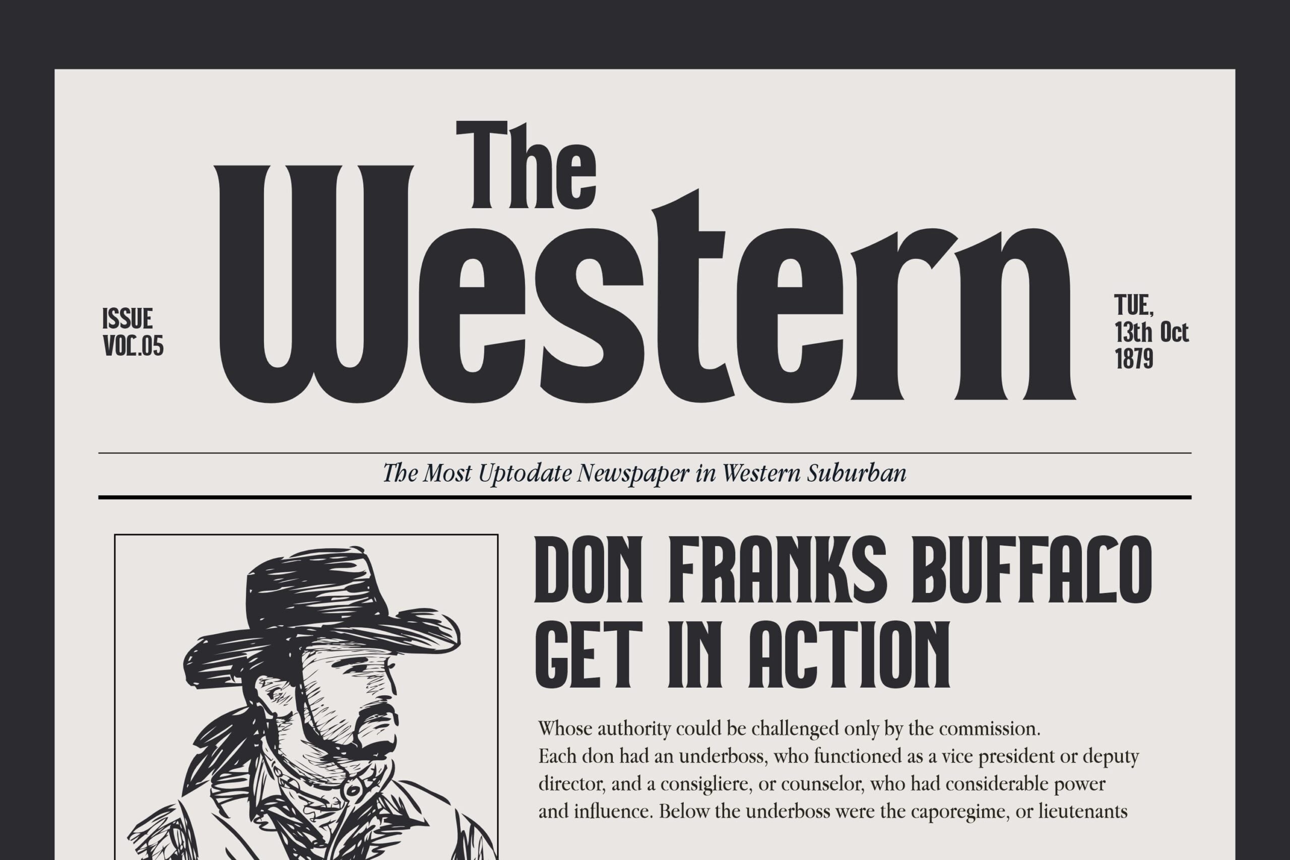Vintage newspaper masthead for The Western with cowboy illustration about Buffalo Bill